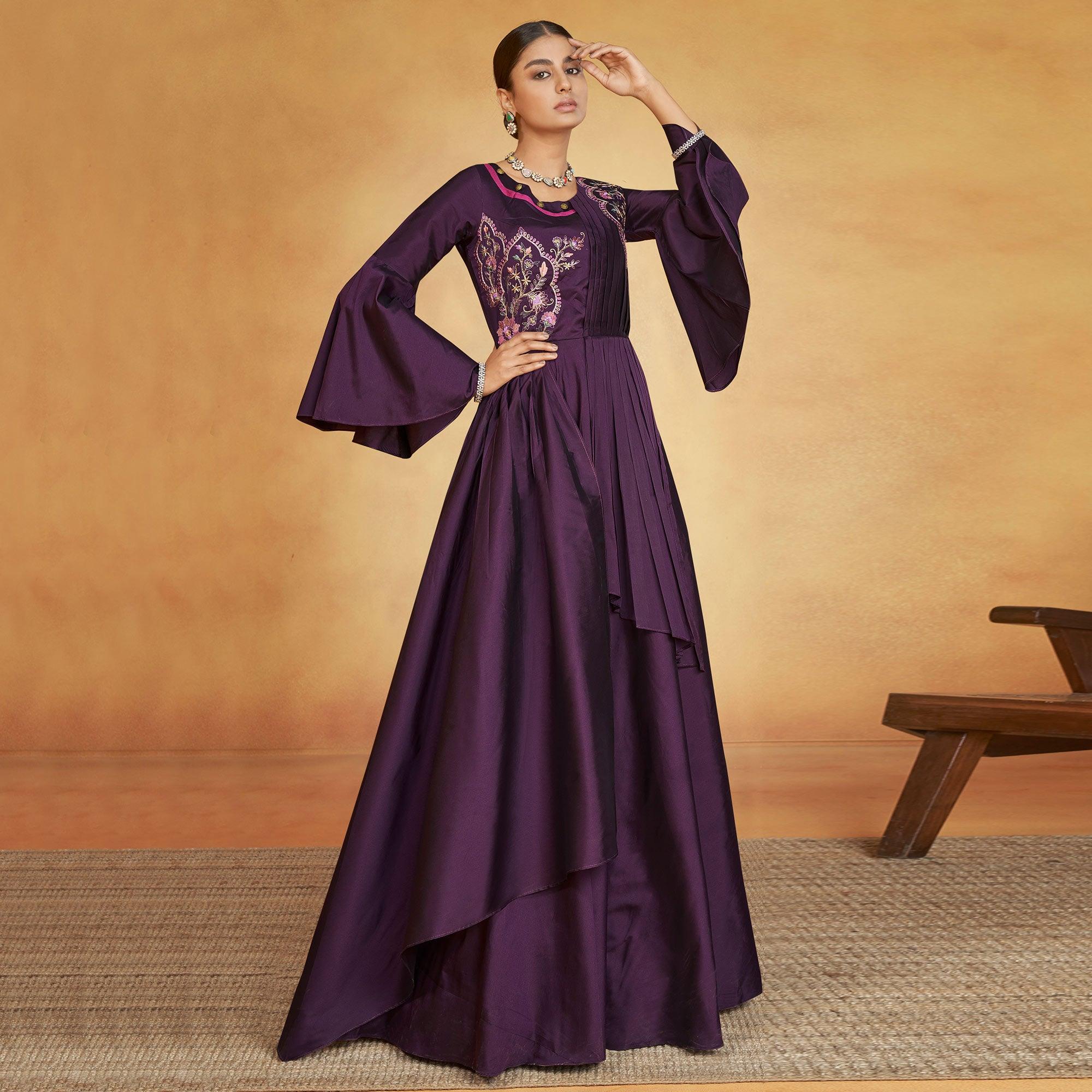 Purple Party Wear Embroidered Tapetta Gown - Peachmode