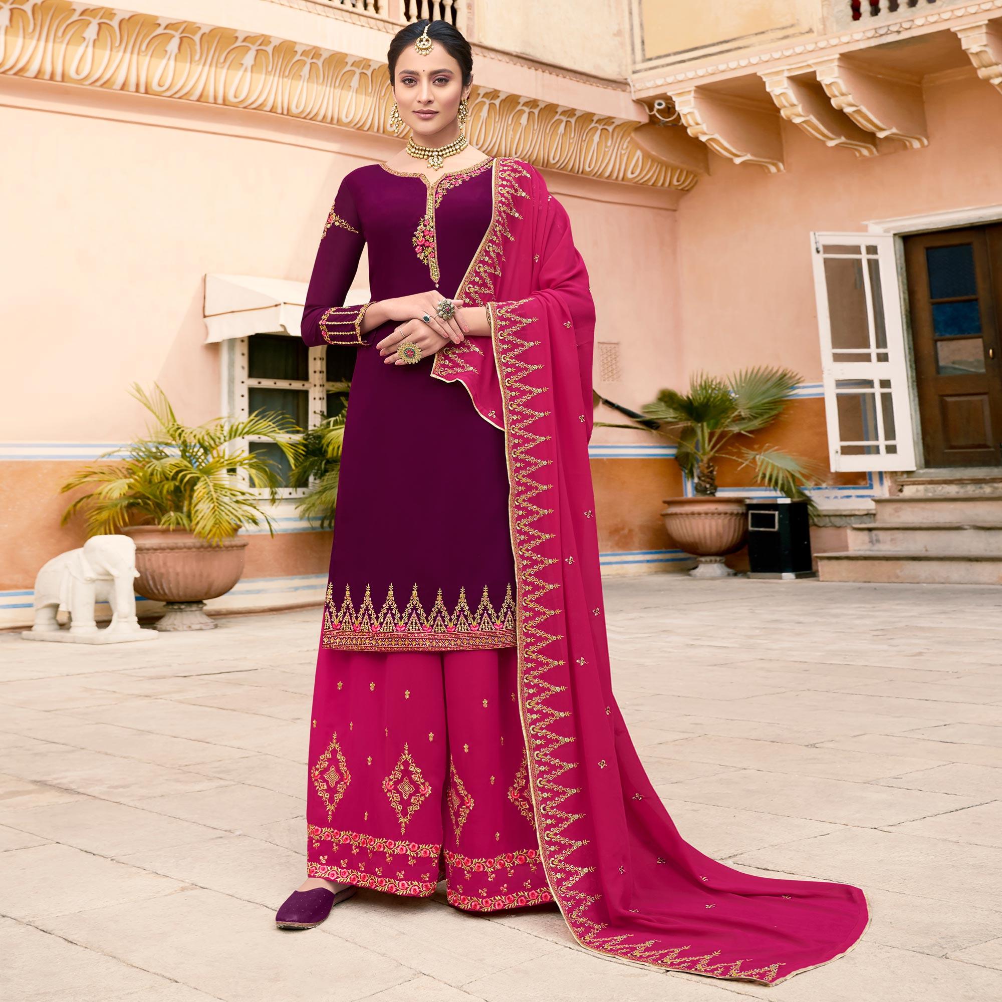 Purple Party Wear Embroidery Soft Georgette Palazzo Suit - Peachmode