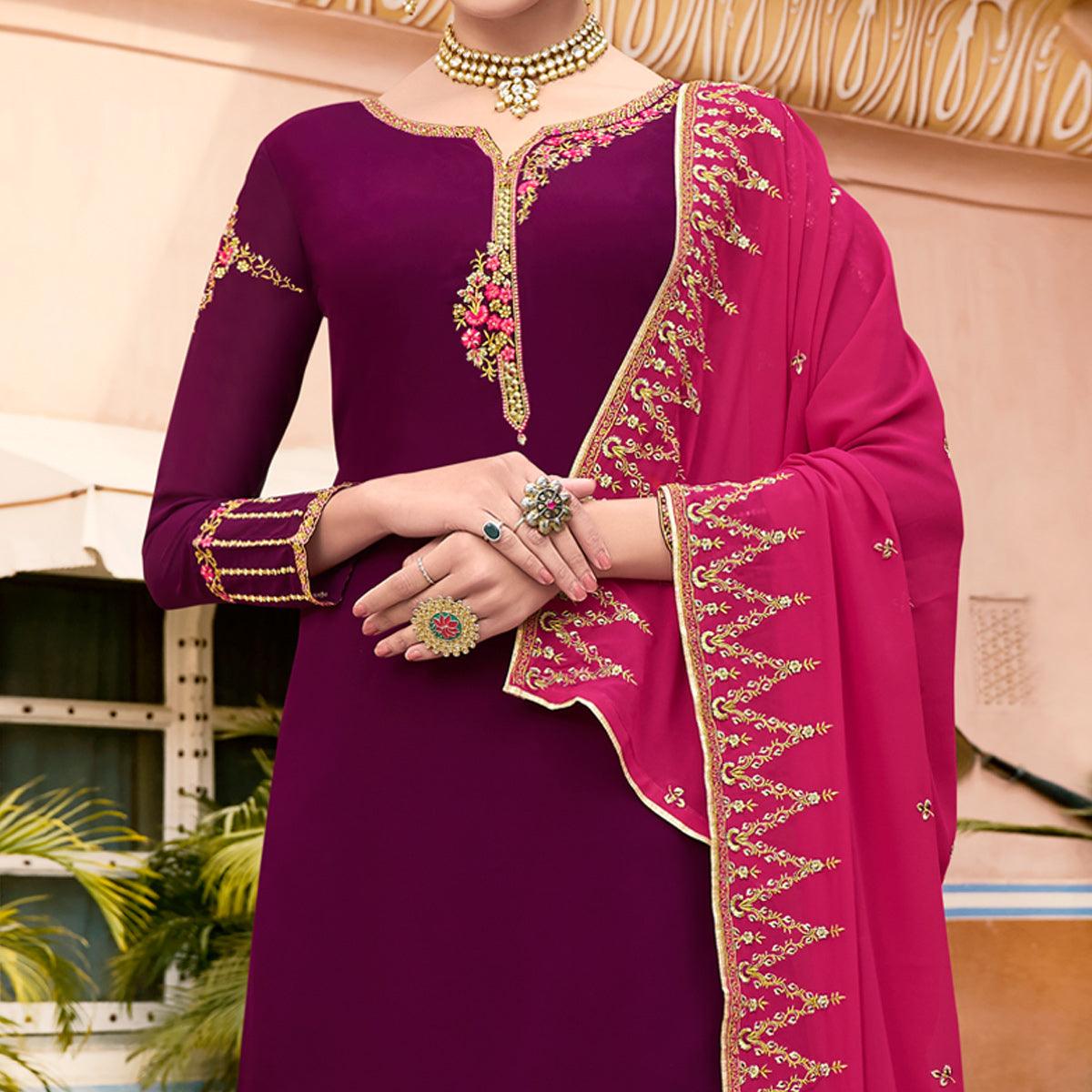 Purple Party Wear Embroidery Soft Georgette Palazzo Suit - Peachmode