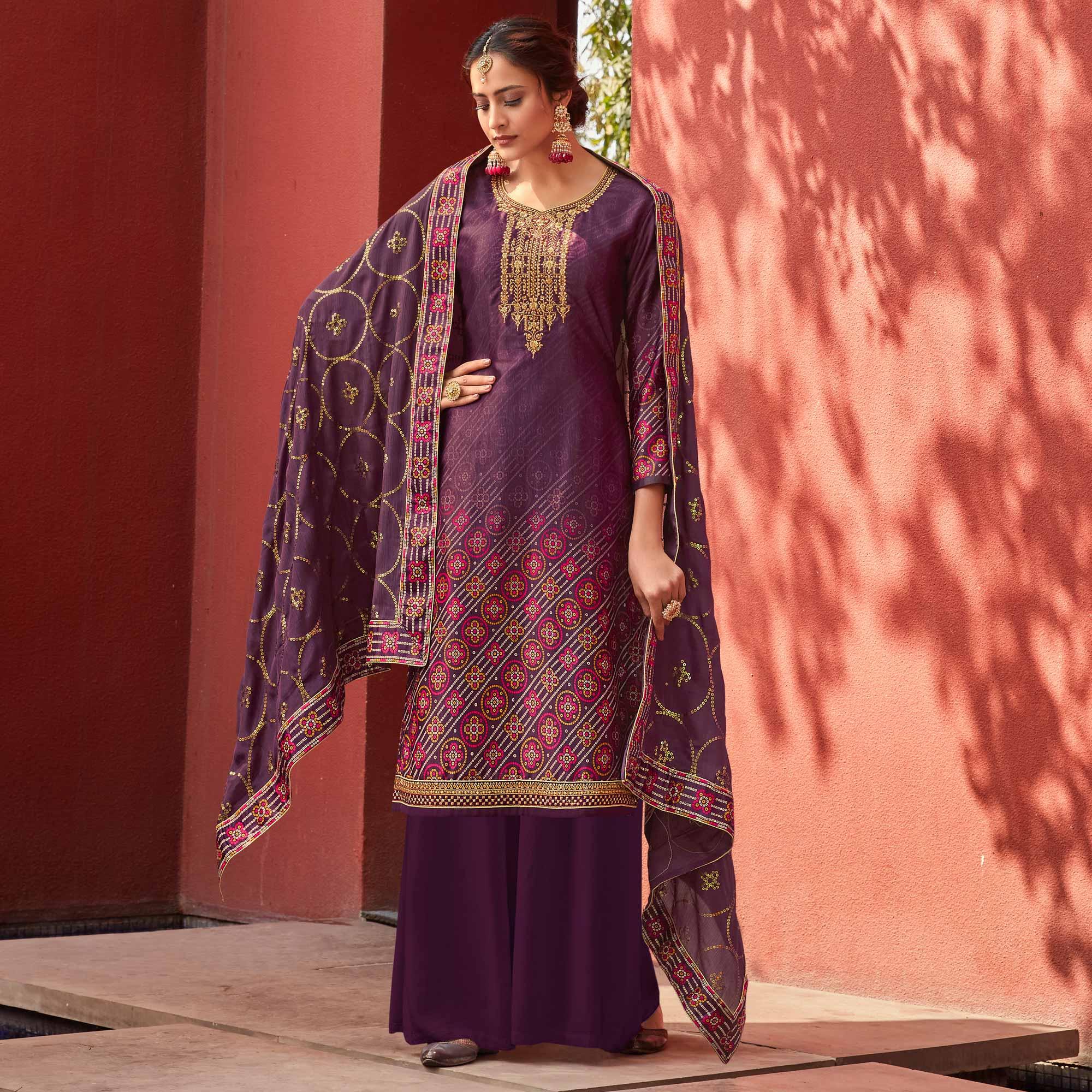 Purple Party Wear Floral Embroidery With Digital Printed Jam Satin Suit - Peachmode