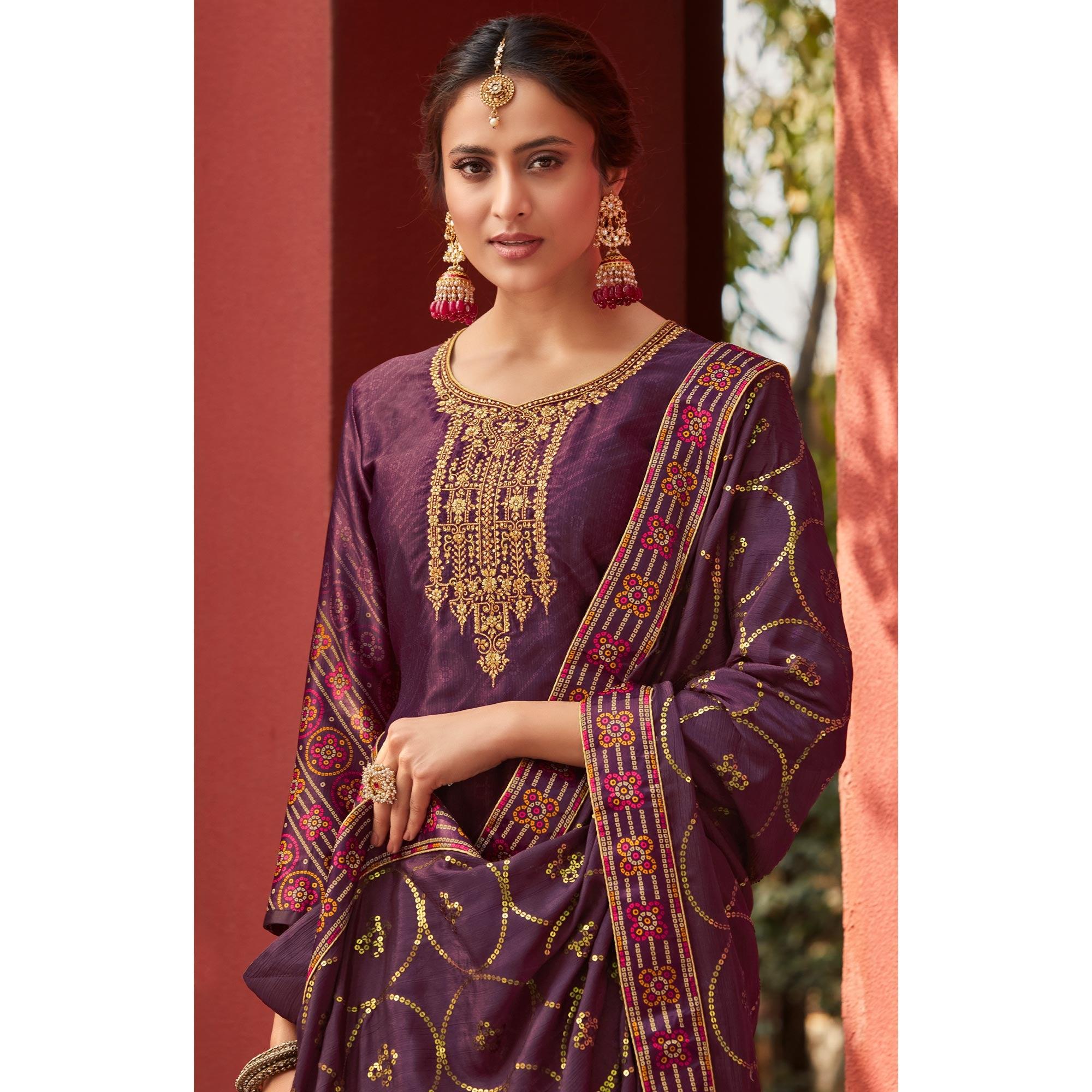 Purple Party Wear Floral Embroidery With Digital Printed Jam Satin Suit - Peachmode