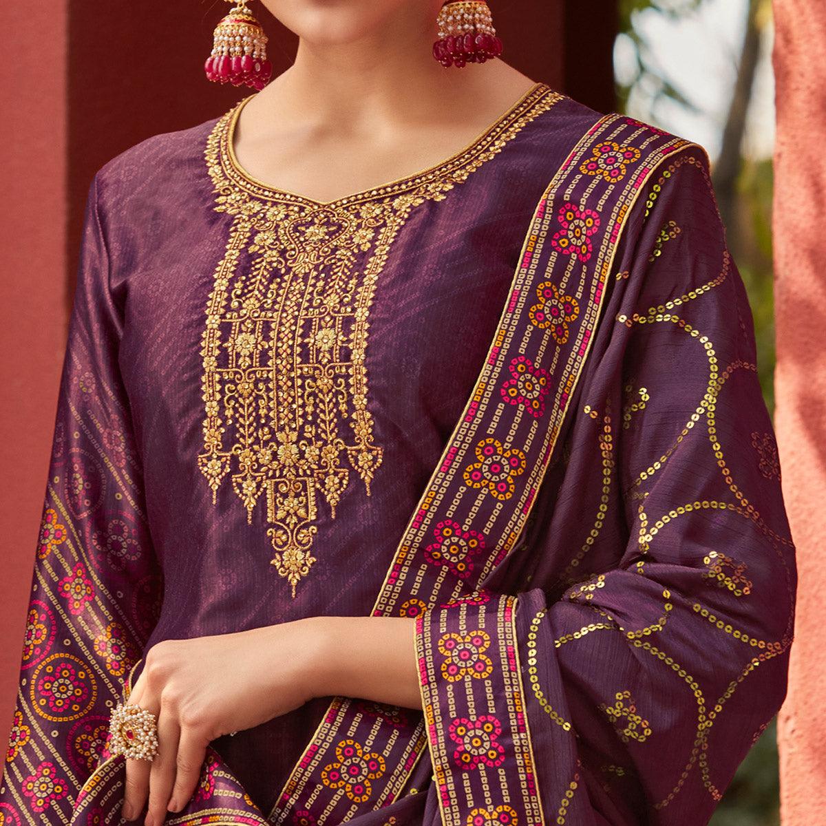 Purple Party Wear Floral Embroidery With Digital Printed Jam Satin Suit - Peachmode