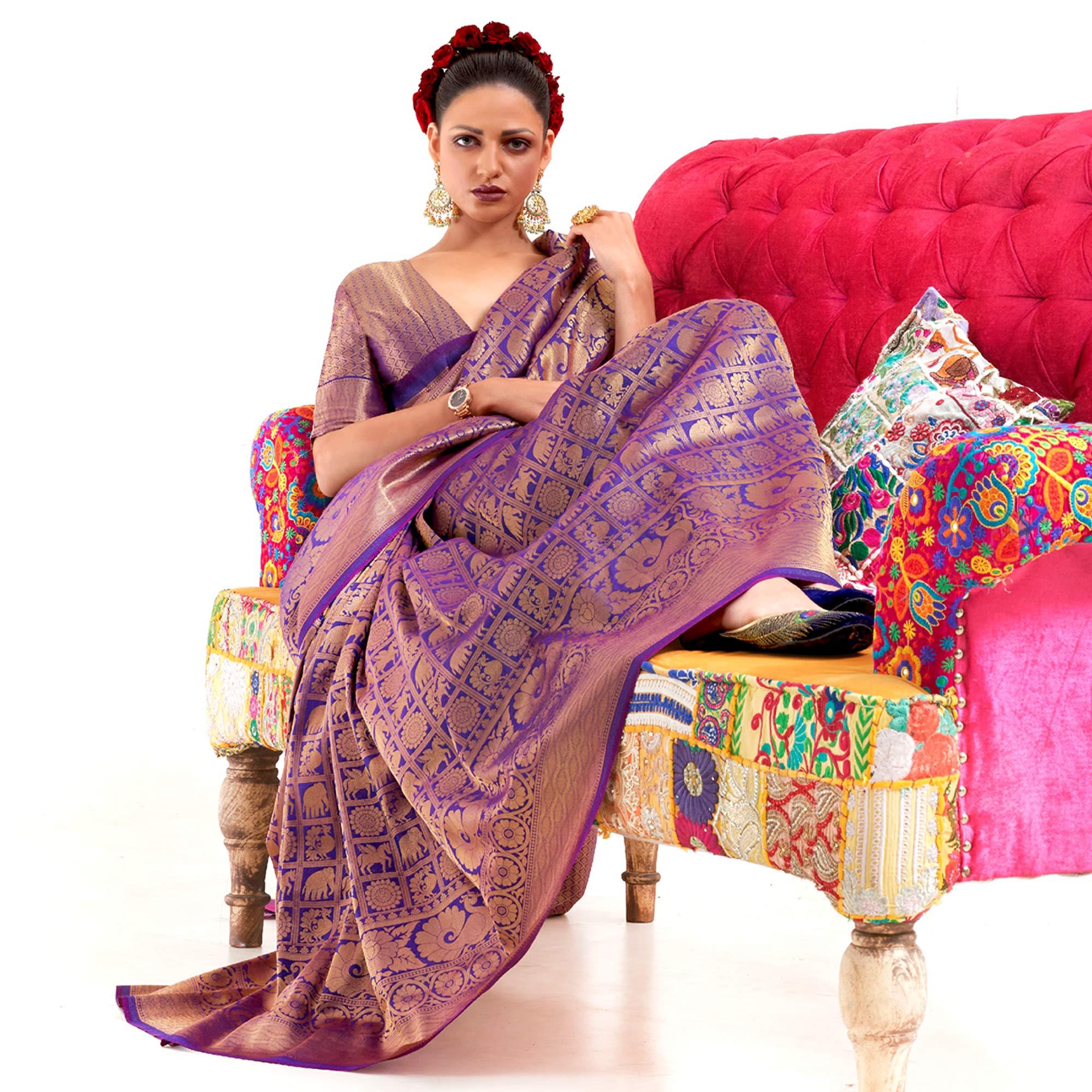 Purple Partywear Banarasi  Woven Silk  Saree - Peachmode