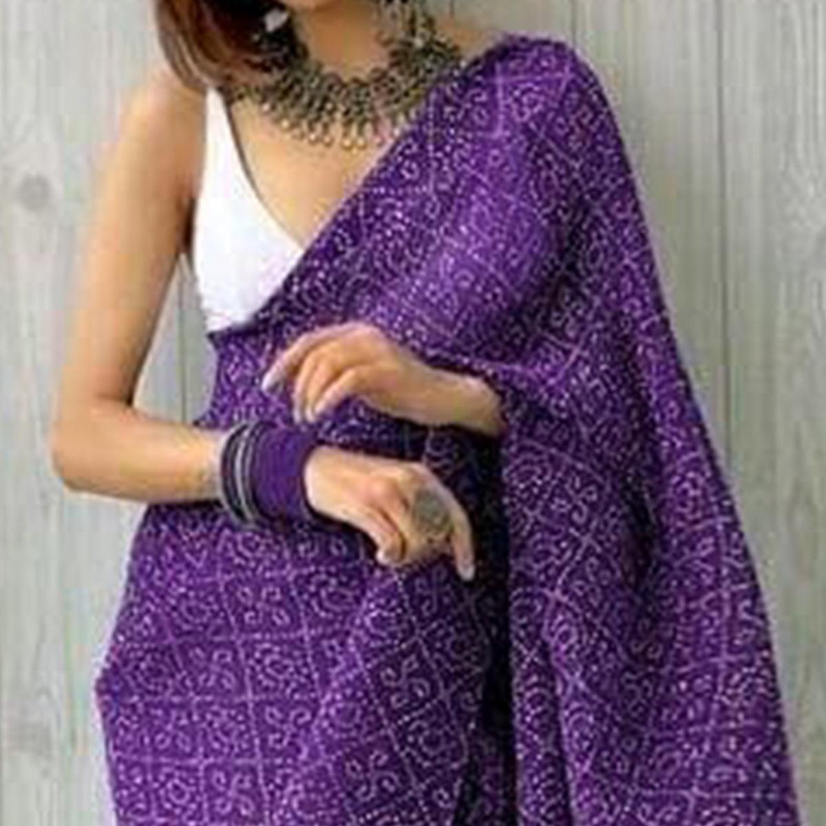 Purple Partywear Bandhani Printed Georgette Saree - Peachmode