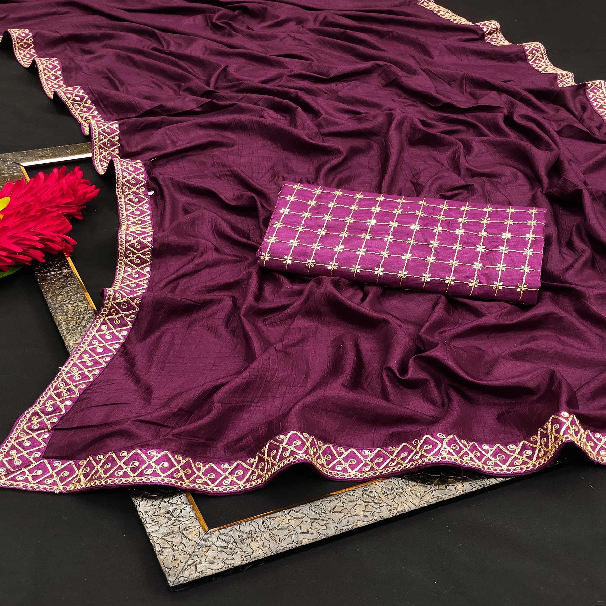 Purple Partywear Coding Lace Border Dola Silk Saree - Peachmode