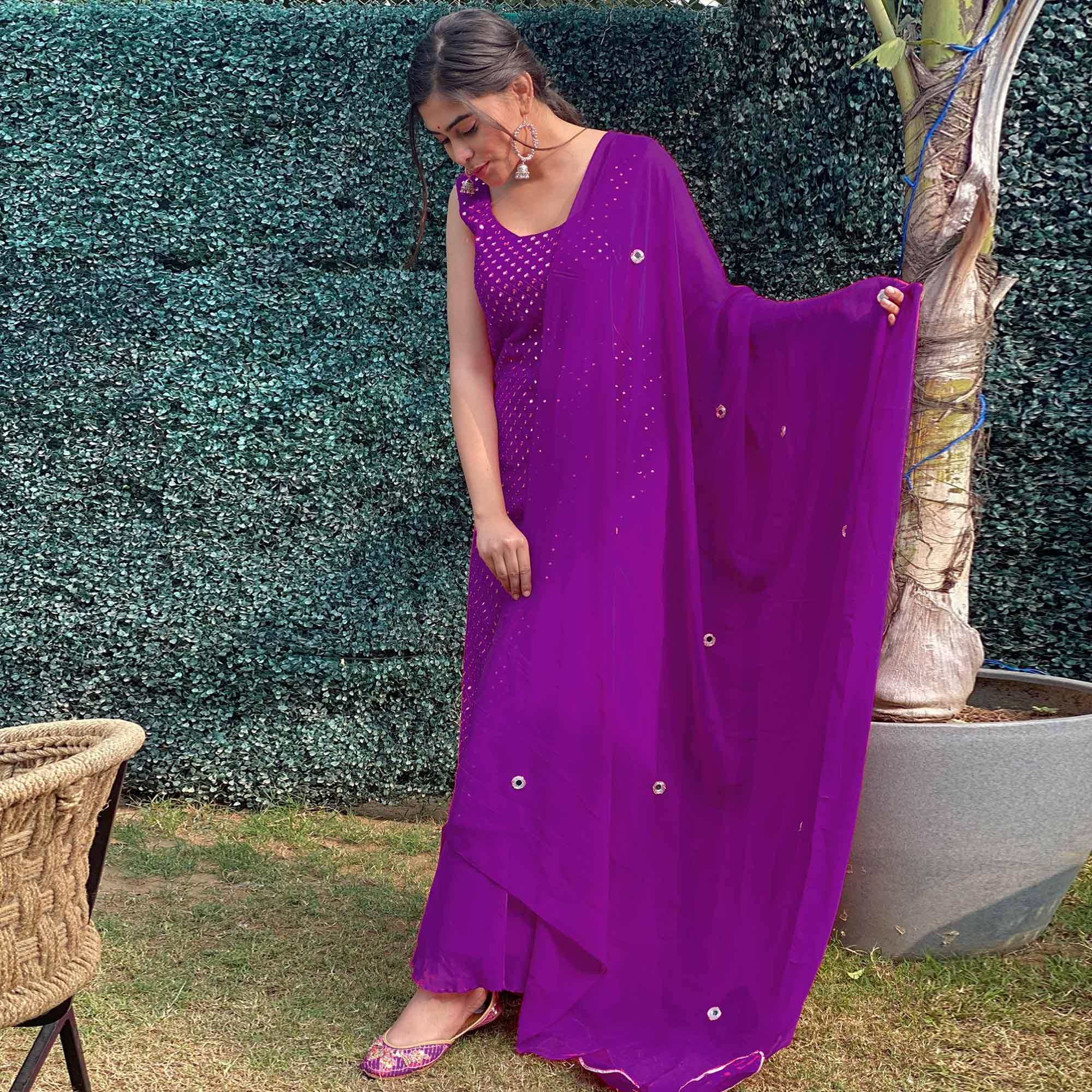 Purple Partywear Designer Embroidered Georgette Palazzo Suit - Peachmode