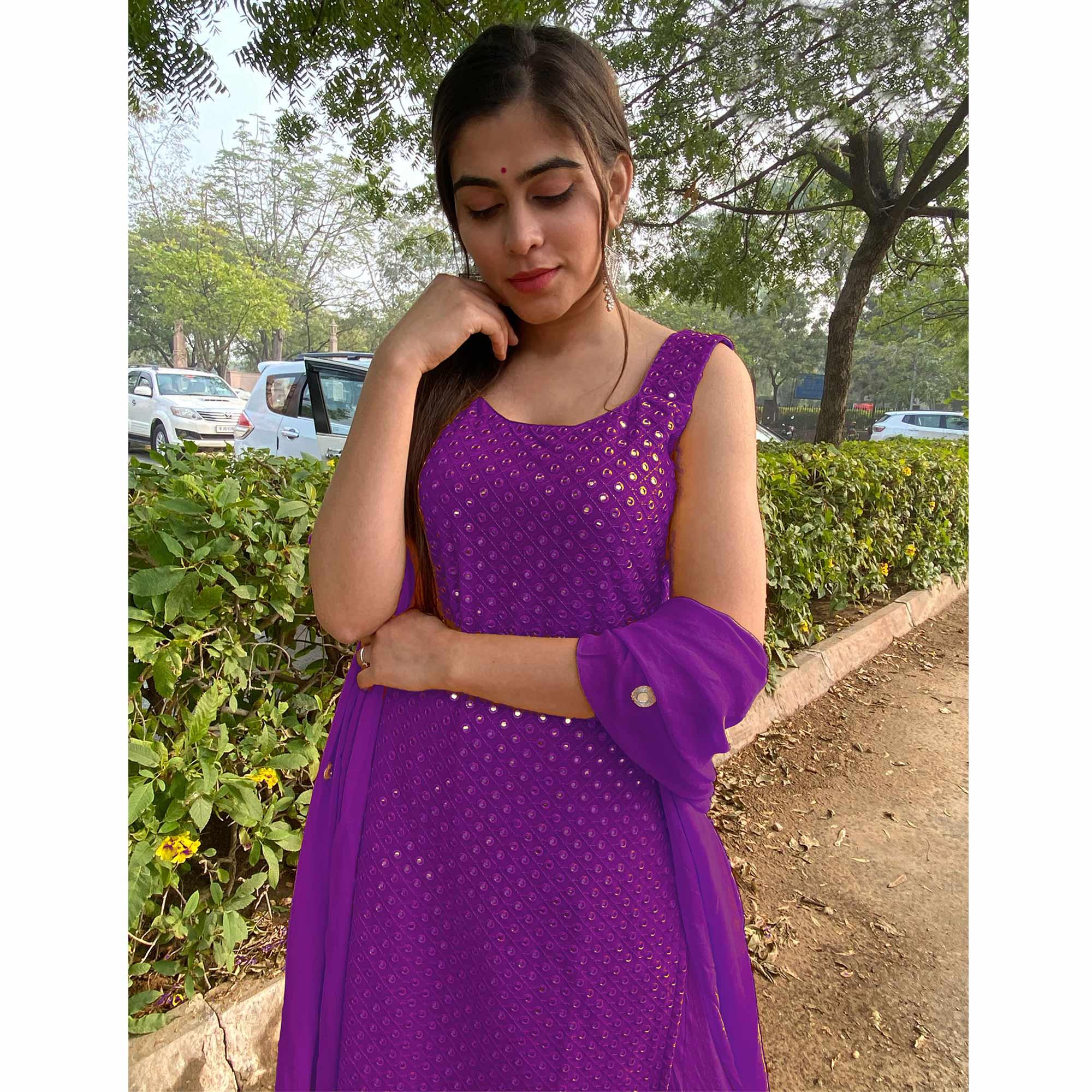 Purple Partywear Designer Embroidered Georgette Palazzo Suit - Peachmode