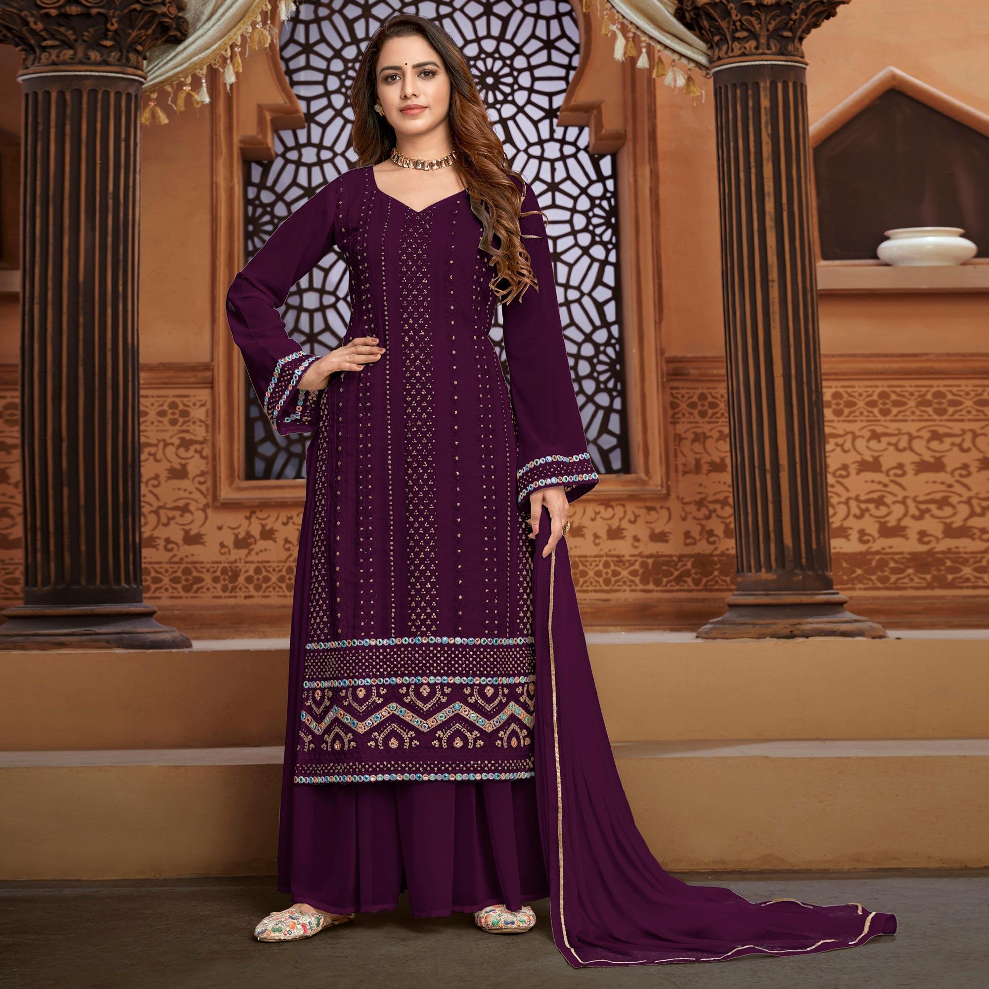 Purple Partywear Designer Embroidered Heavy Faux Georgette Palazzo Suit - Peachmode