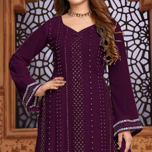 Purple Partywear Designer Embroidered Heavy Faux Georgette Palazzo Suit - Peachmode