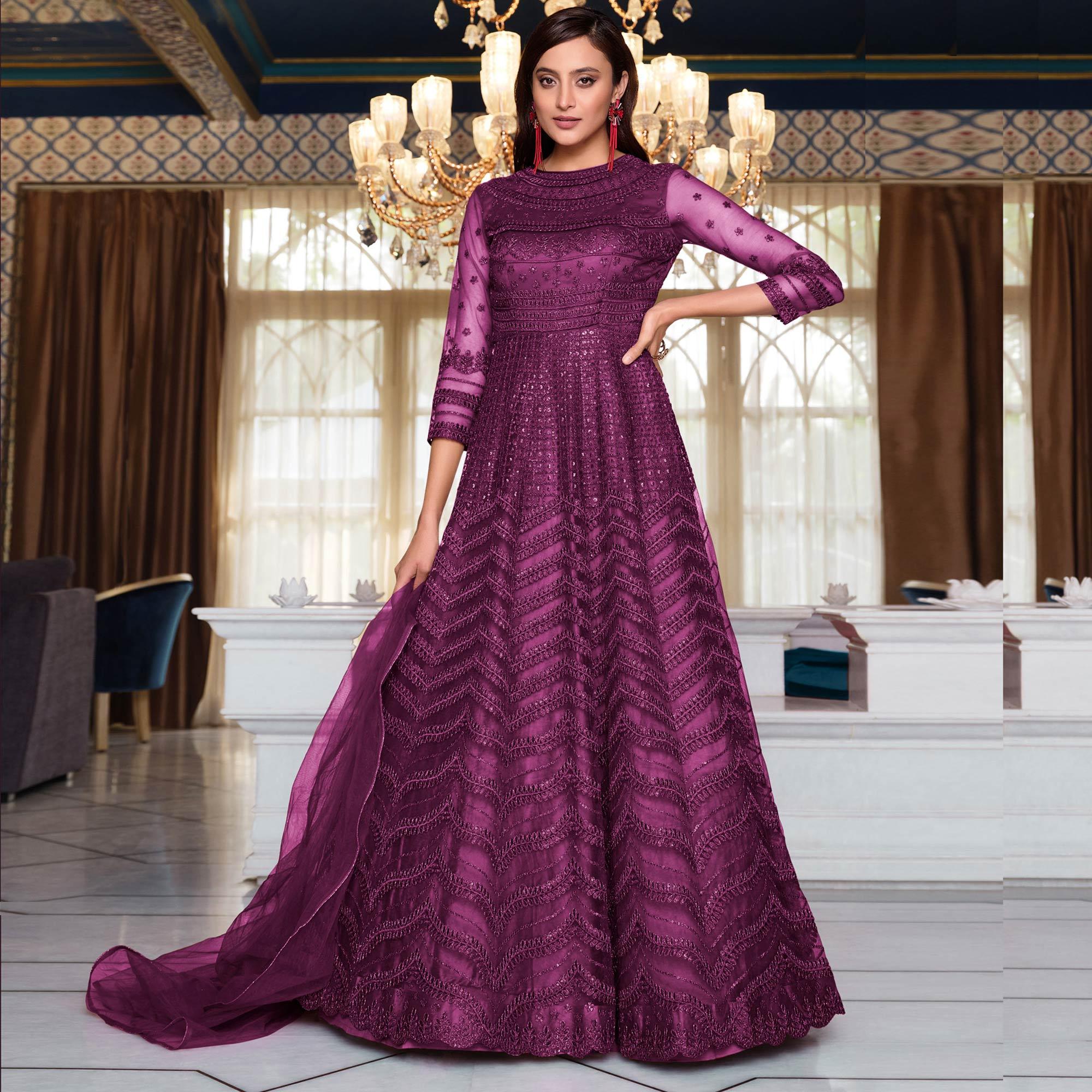 Purple Partywear Designer Embroidery Heavy Butterfly Net Anarkali Suit - Peachmode