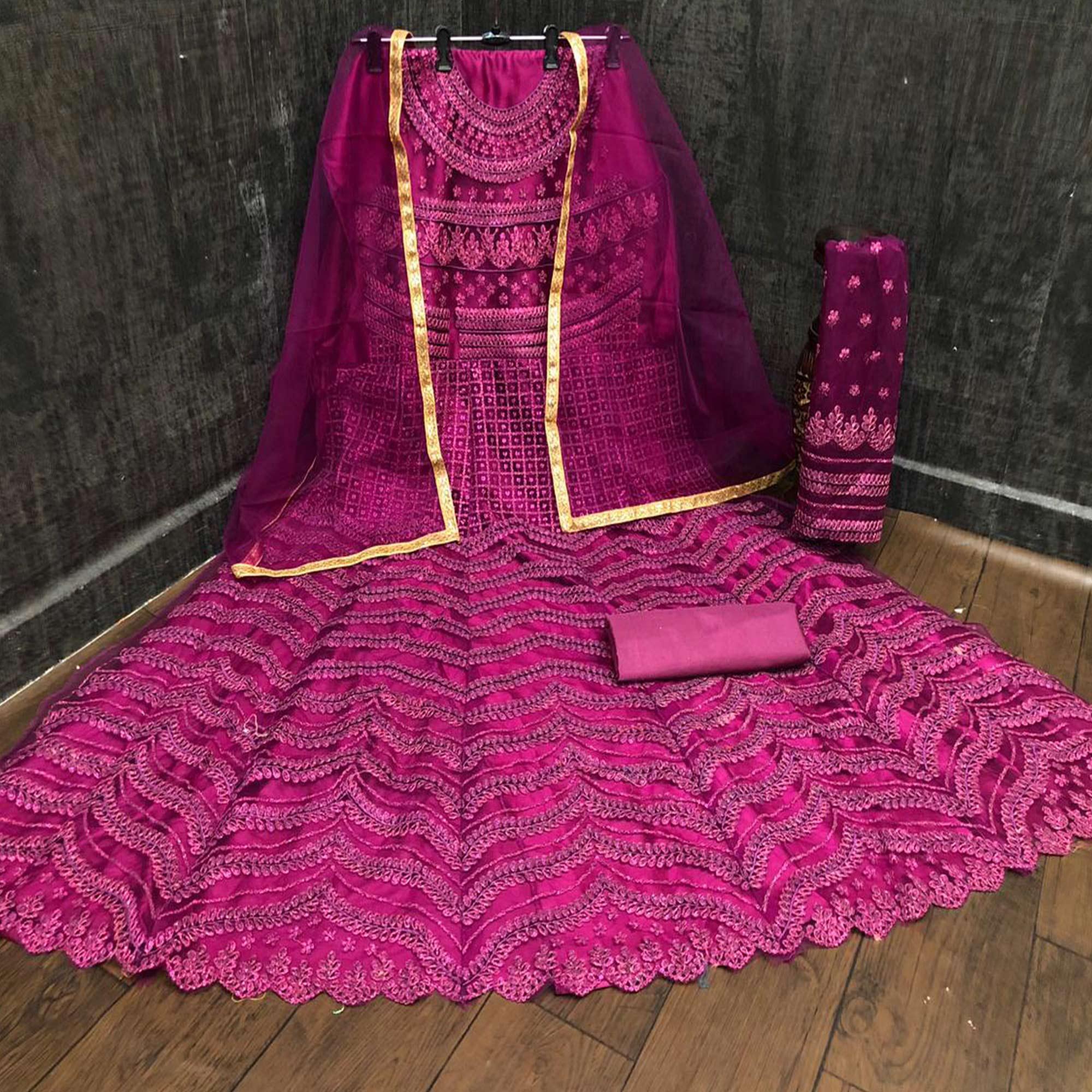 Purple Partywear Designer Embroidery Heavy Butterfly Net Anarkali Suit - Peachmode