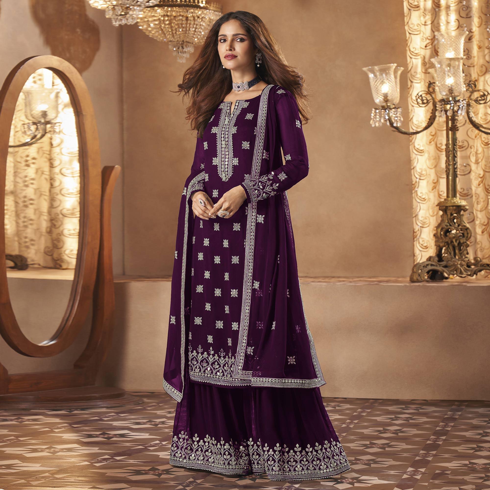 Purple Partywear Designer Floral Embroidered Georgette Palazzo Suit - Peachmode