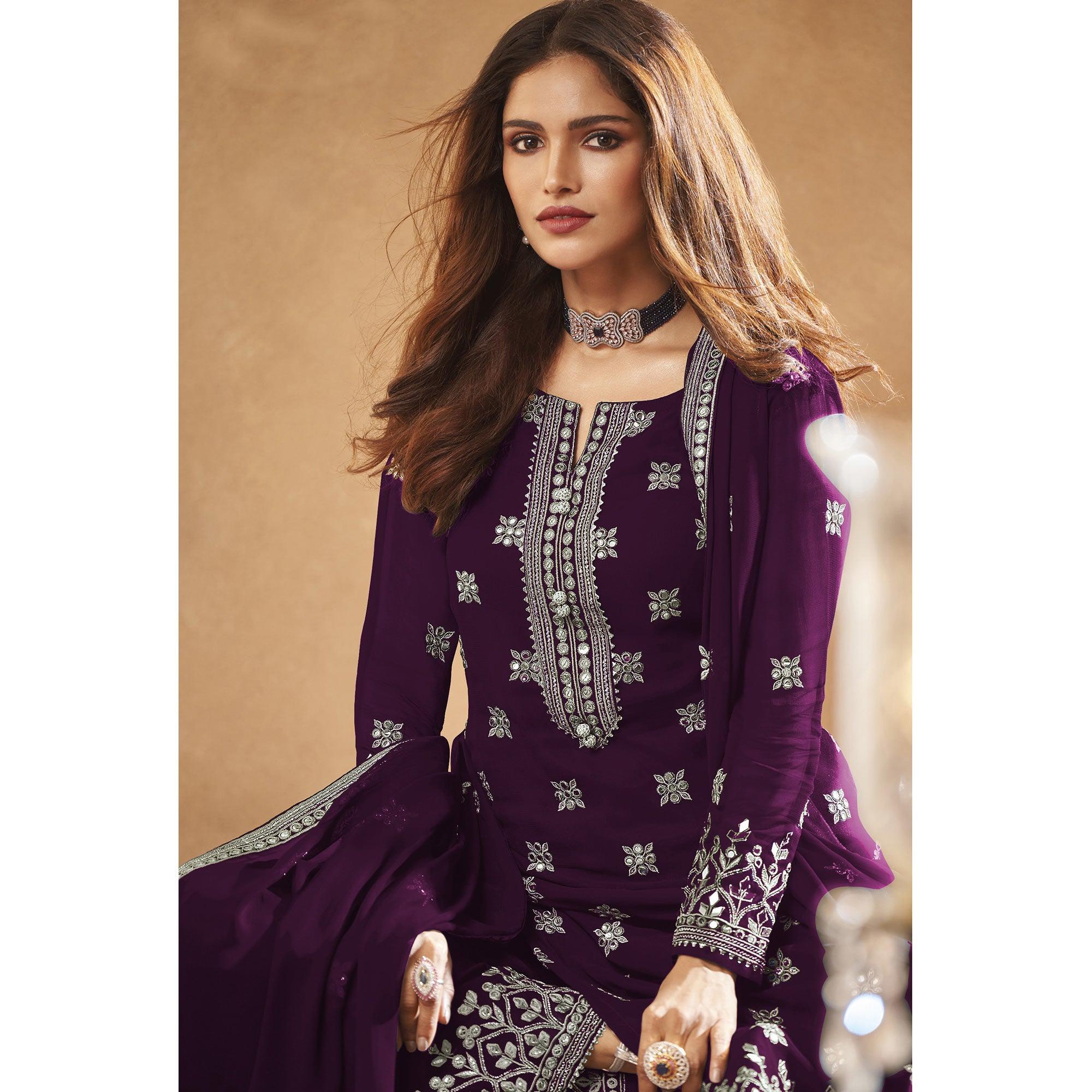 Purple Partywear Designer Floral Embroidered Georgette Palazzo Suit - Peachmode