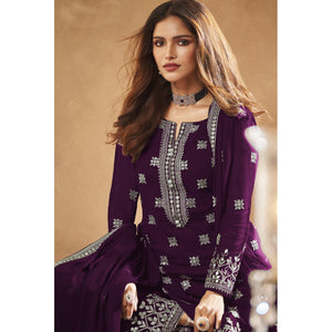 Purple Partywear Designer Floral Embroidered Georgette Palazzo Suit - Peachmode