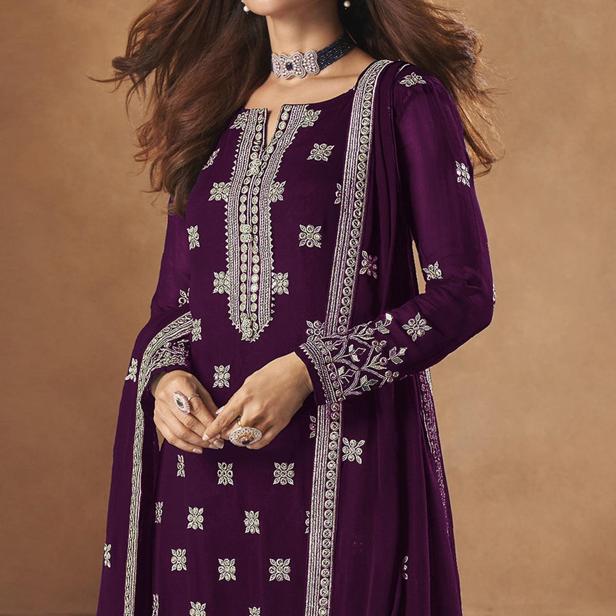 Purple Partywear Designer Floral Embroidered Georgette Palazzo Suit - Peachmode