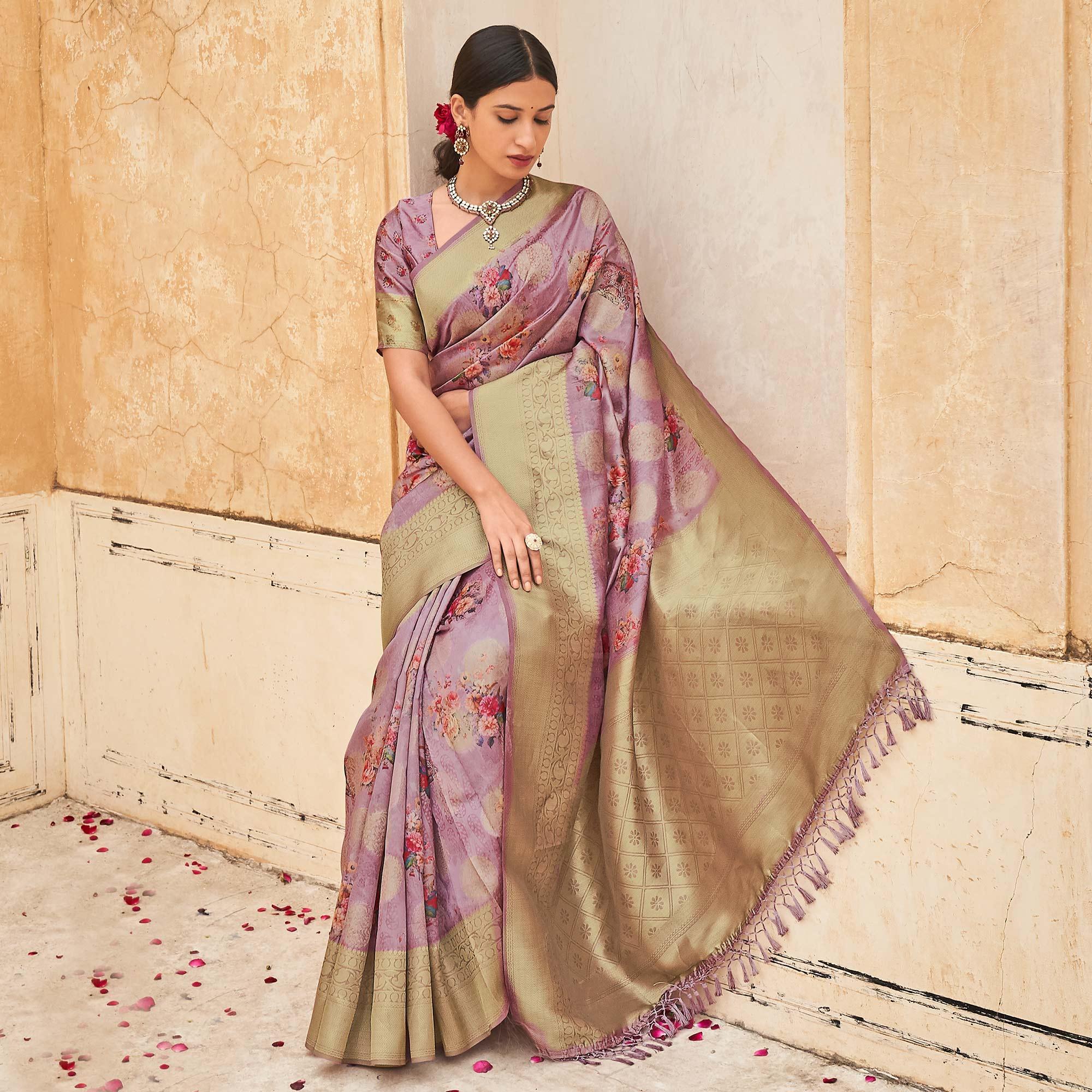 Purple Partywear Digital Printed Silk Saree - Peachmode