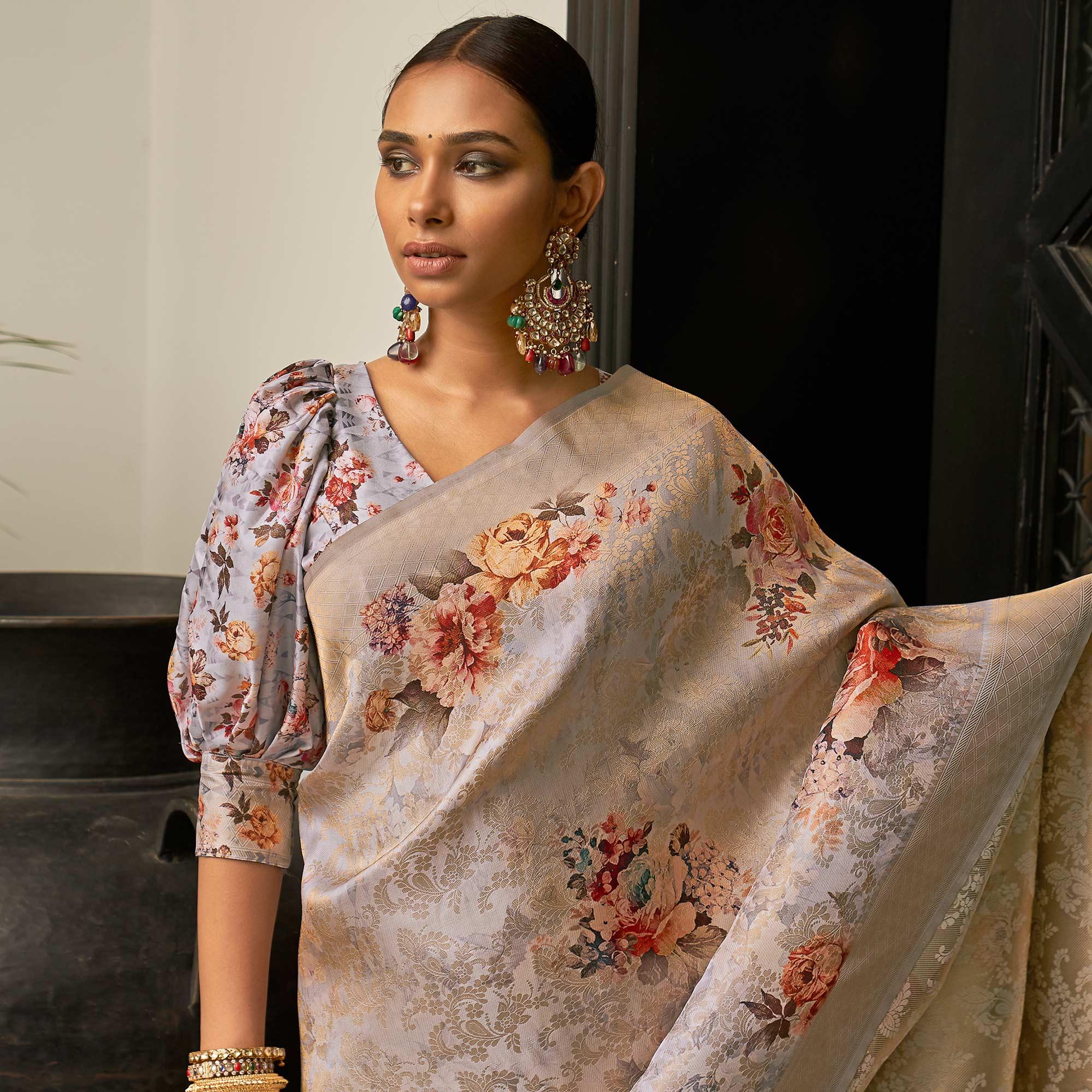 Purple Partywear Digital Printed Silk Saree - Peachmode
