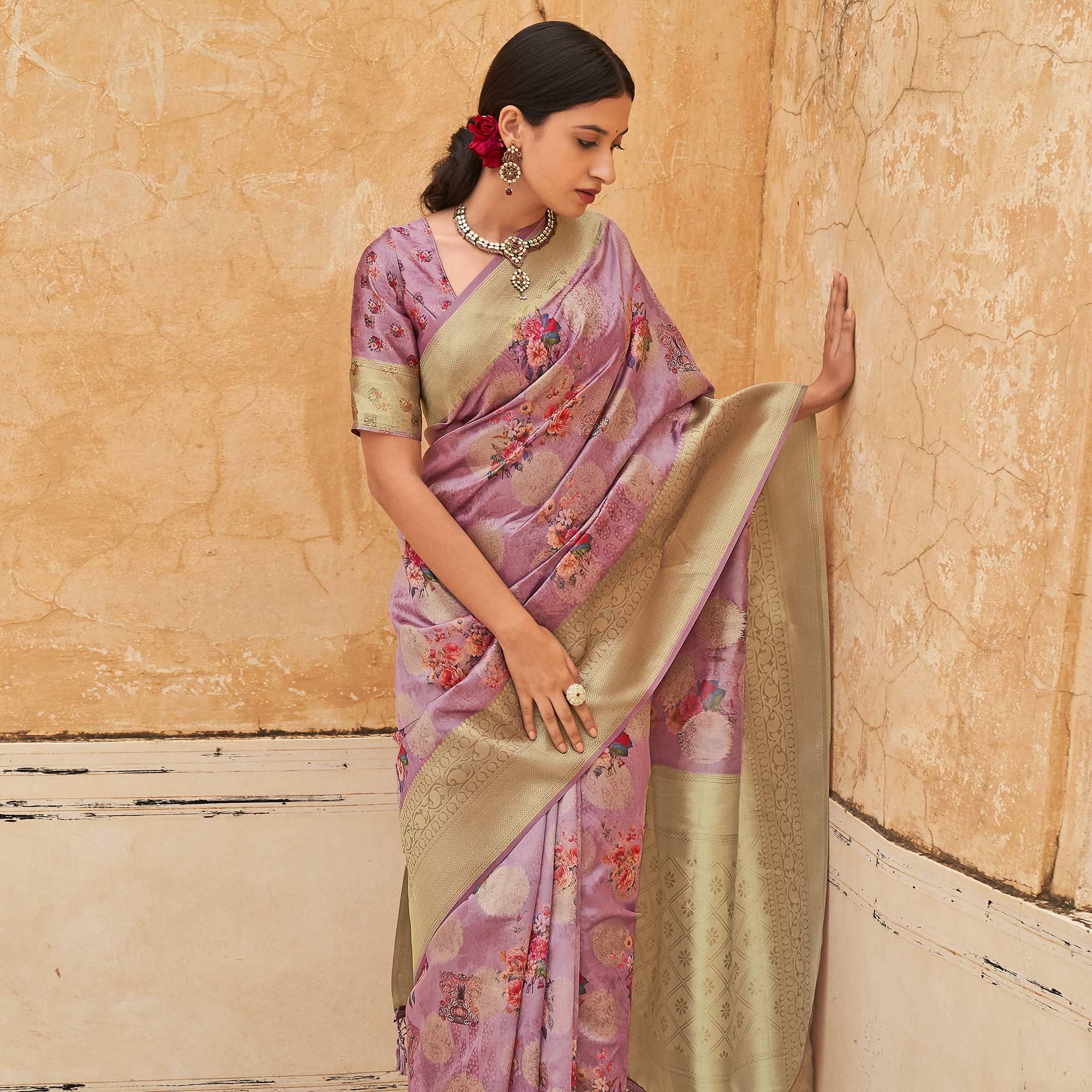Purple Partywear Digital Printed Silk Saree - Peachmode