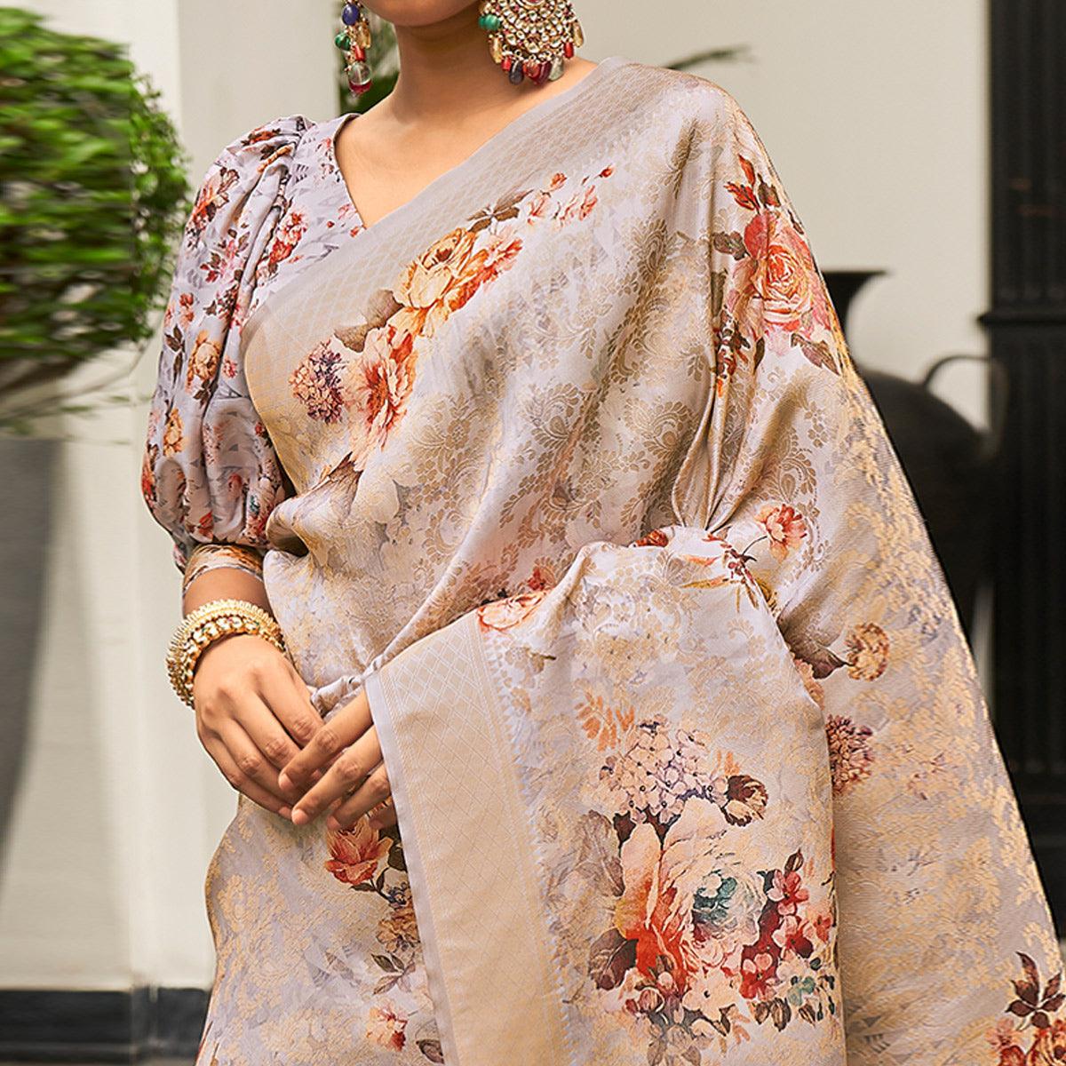 Purple Partywear Digital Printed Silk Saree - Peachmode