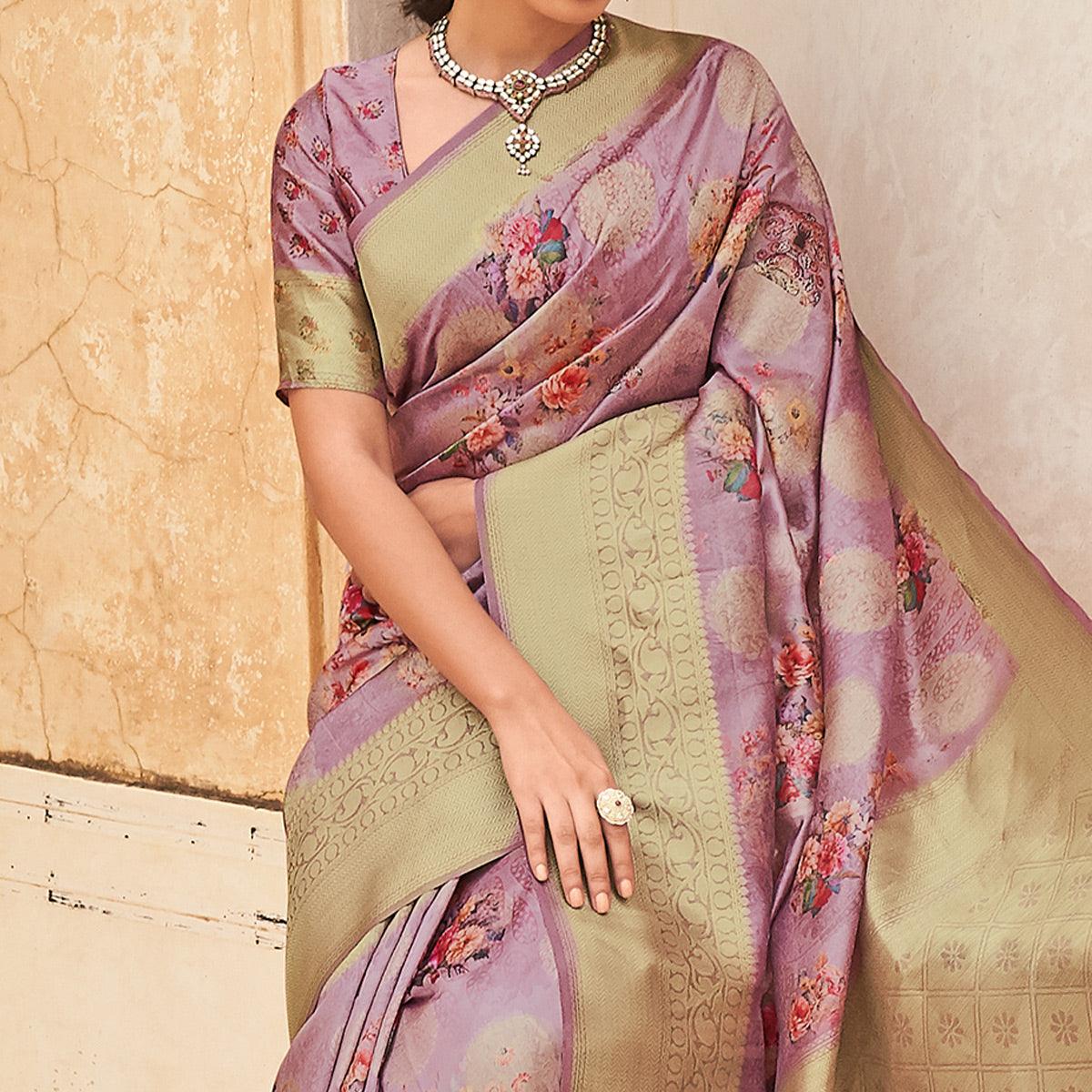 Purple Partywear Digital Printed Silk Saree - Peachmode