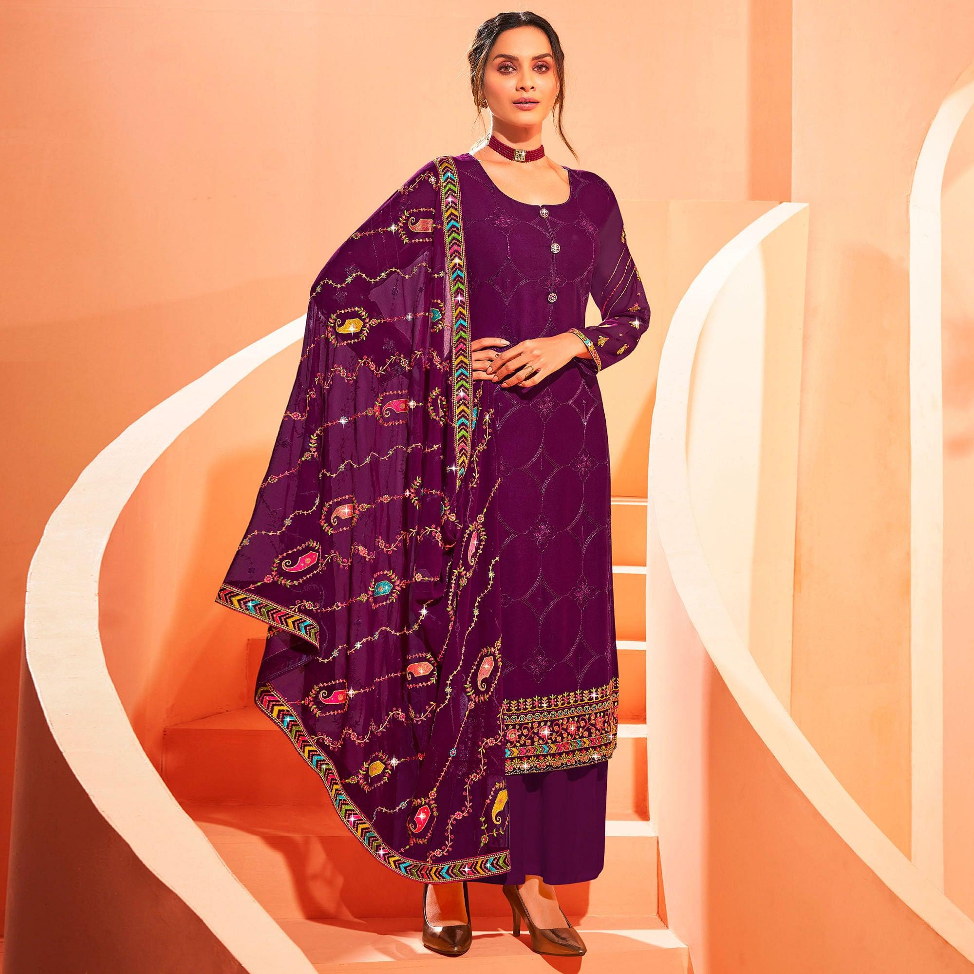 Purple Partywear Embellished With Embroidered Georgette Palazzo Suit - Peachmode