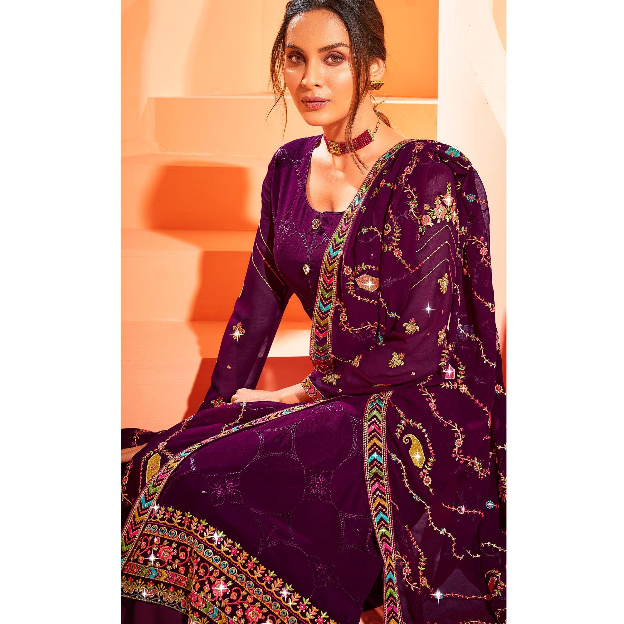 Purple Partywear Embellished With Embroidered Georgette Palazzo Suit - Peachmode