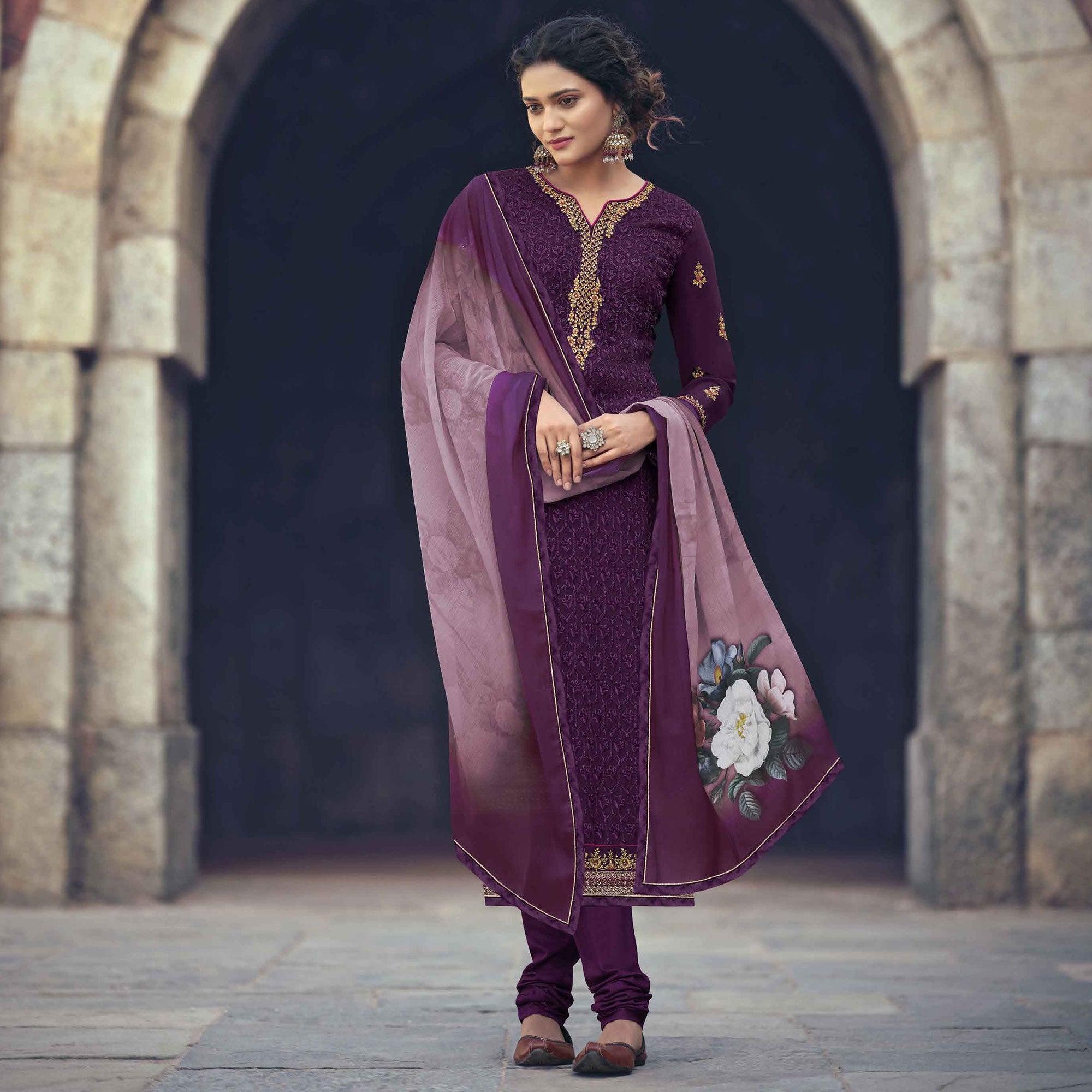 Purple Partywear Embroidered & Embellished Faux Georgette Salwar Suit - Peachmode