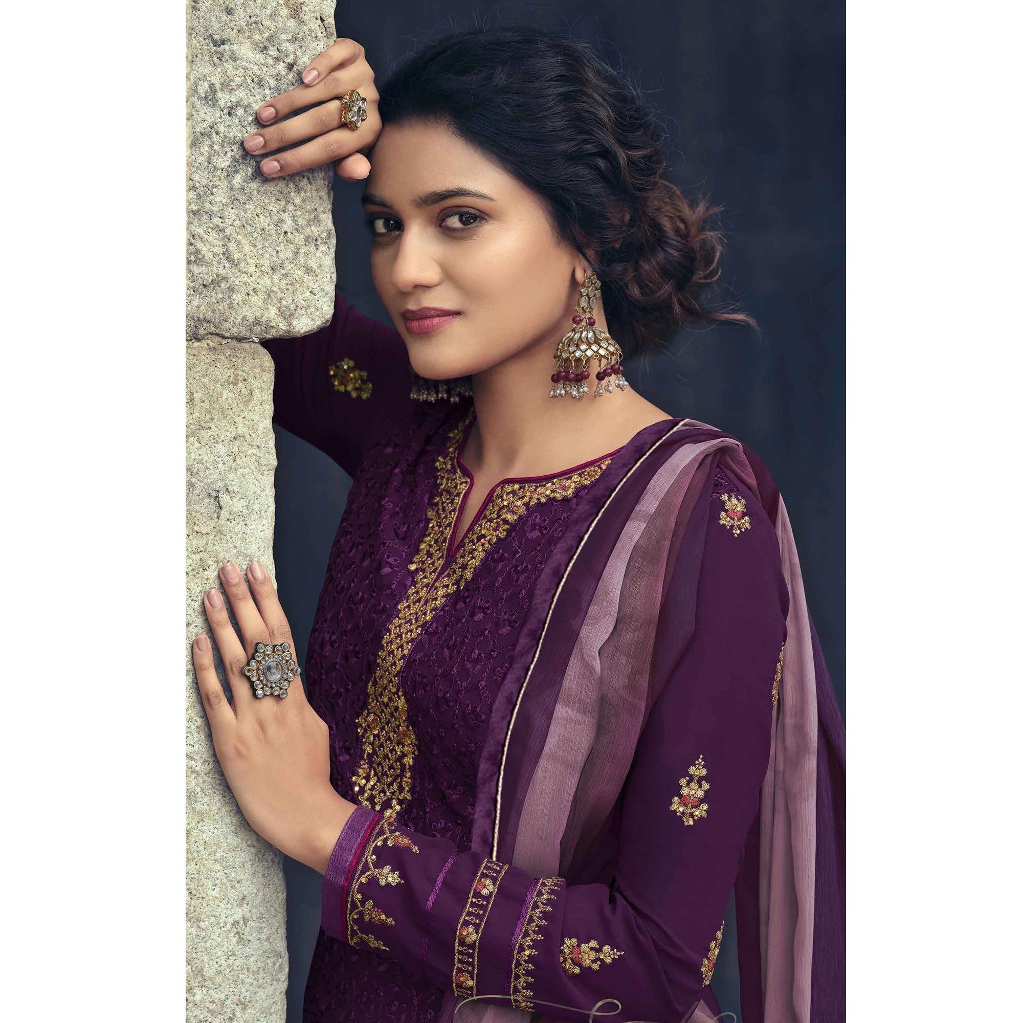 Purple Partywear Embroidered & Embellished Faux Georgette Salwar Suit - Peachmode