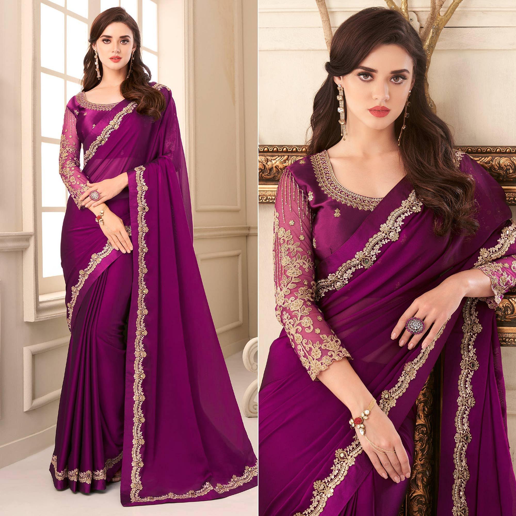 Purple Partywear Embroidered & Embellished Georgette Saree - Peachmode