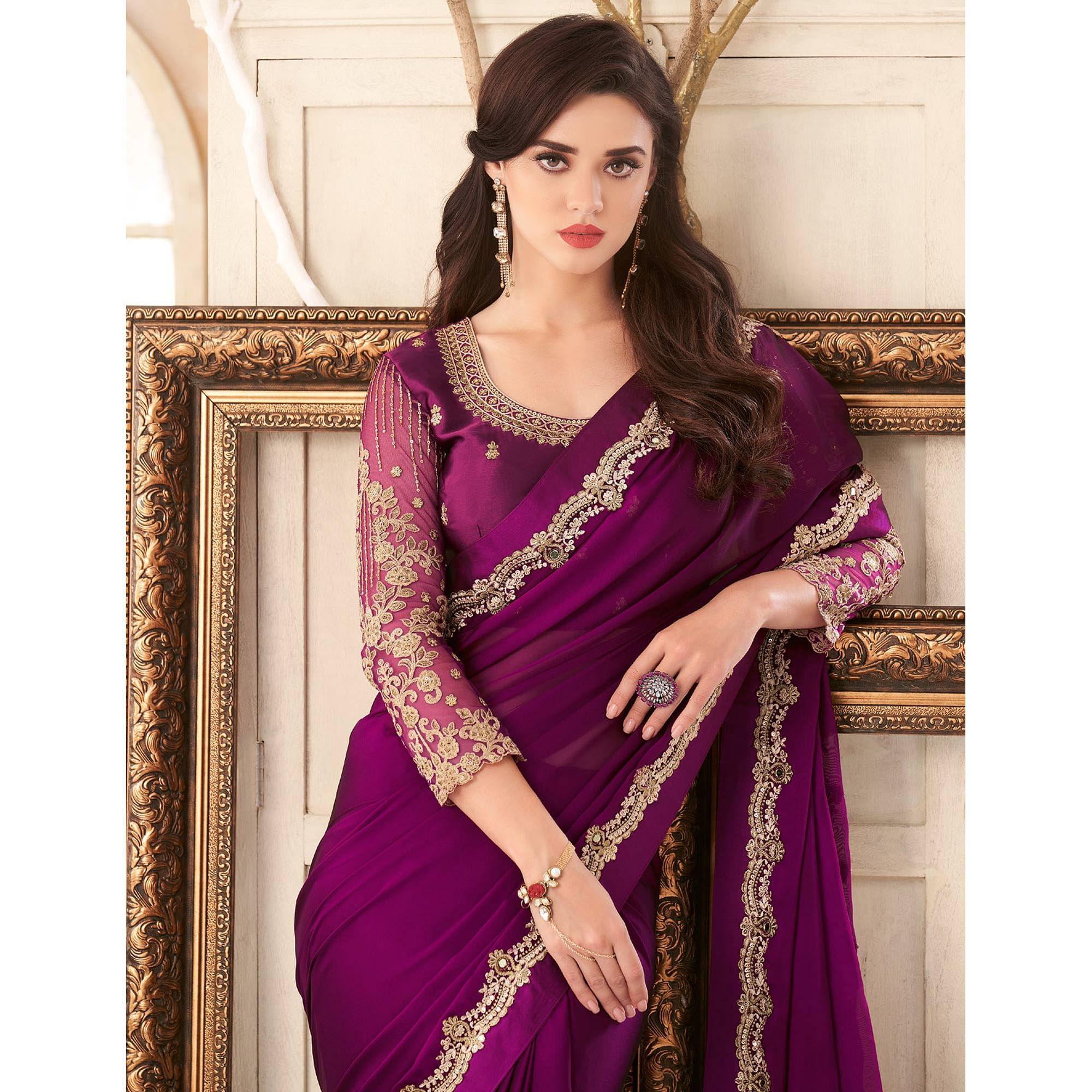 Purple Partywear Embroidered & Embellished Georgette Saree - Peachmode