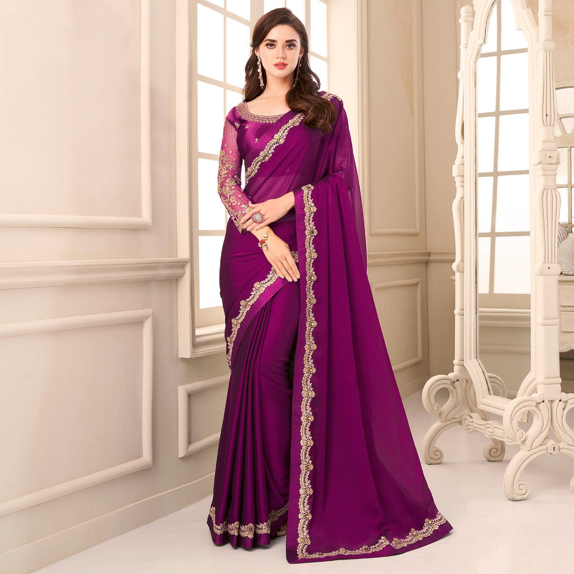 Purple Partywear Embroidered & Embellished Georgette Saree - Peachmode