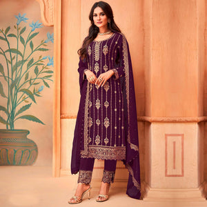 Purple Partywear Embroidered & Sequence Work Faux Georgette Salwar Suit - Peachmode
