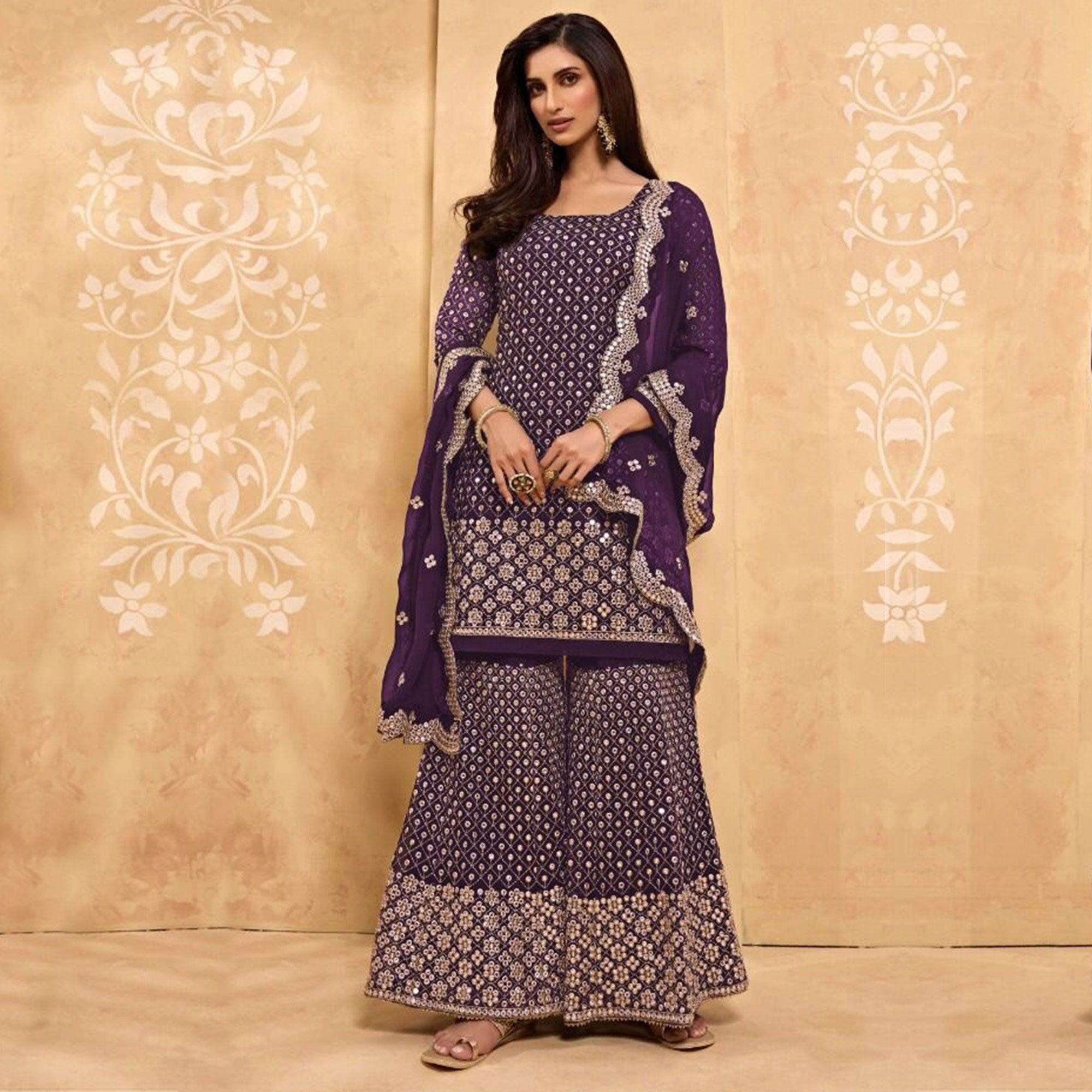 Purple Partywear Embroidered Faux Georgette Palazzo Suit - Peachmode