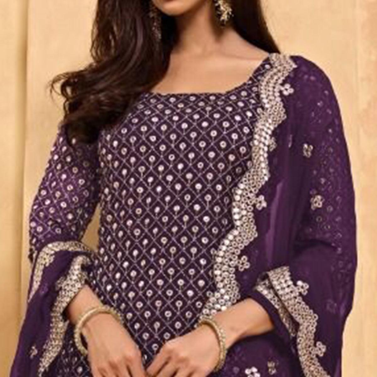 Purple Partywear Embroidered Faux Georgette Palazzo Suit - Peachmode