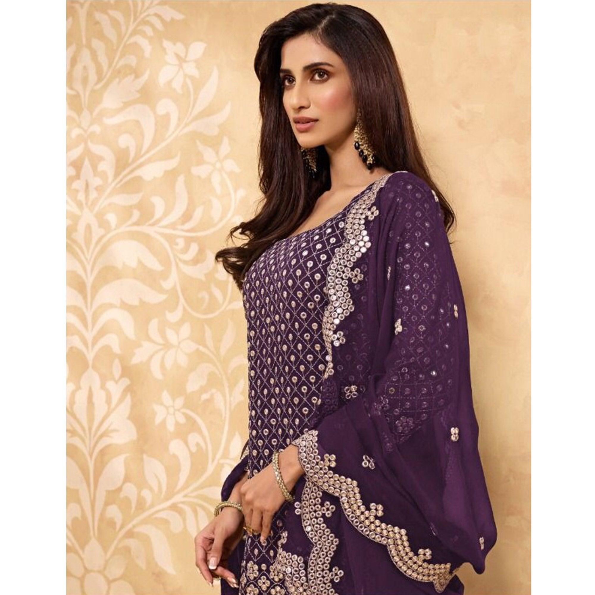 Purple Partywear Embroidered Faux Georgette Palazzo Suit - Peachmode