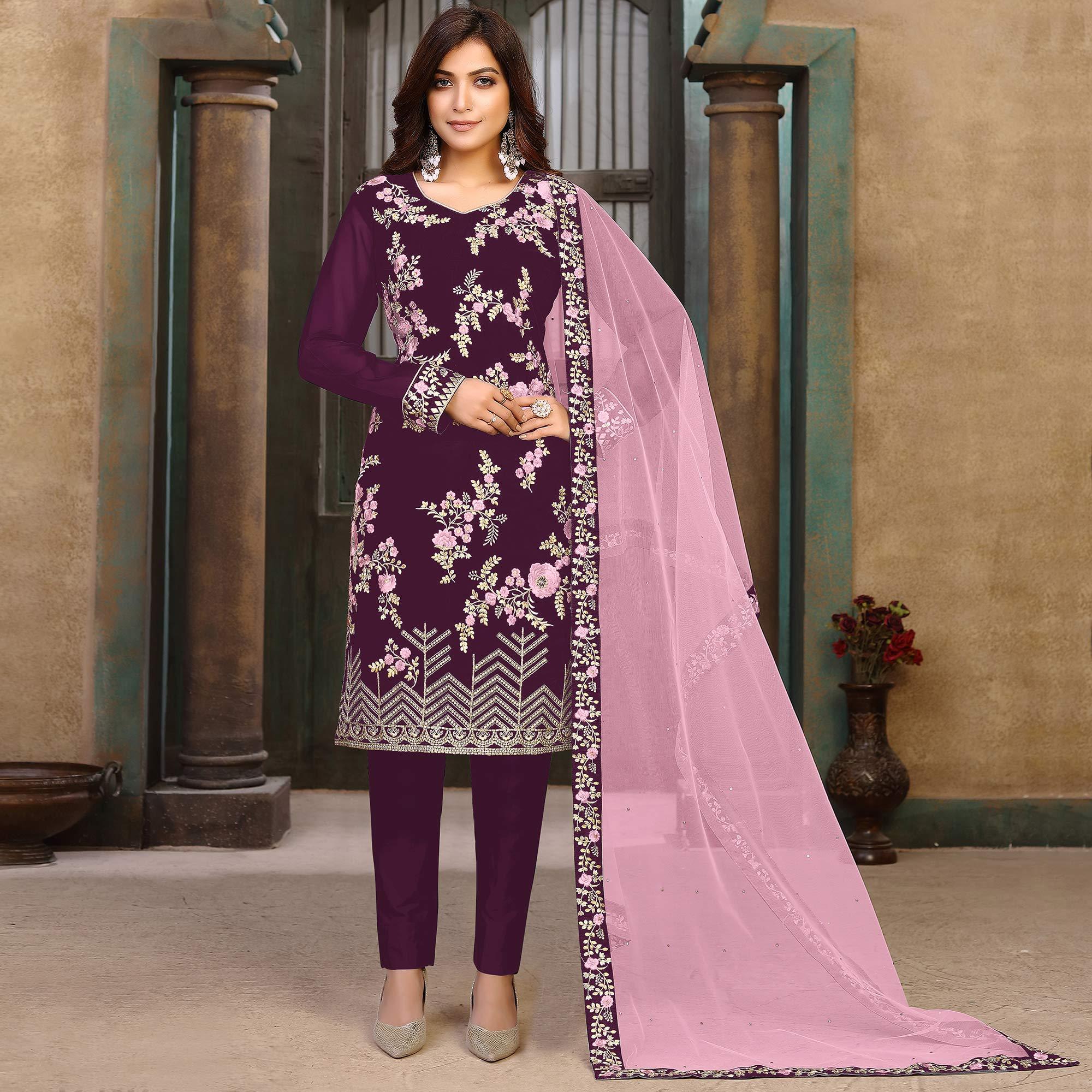 Purple Partywear Embroidered Faux Georgette Salwar Suit - Peachmode
