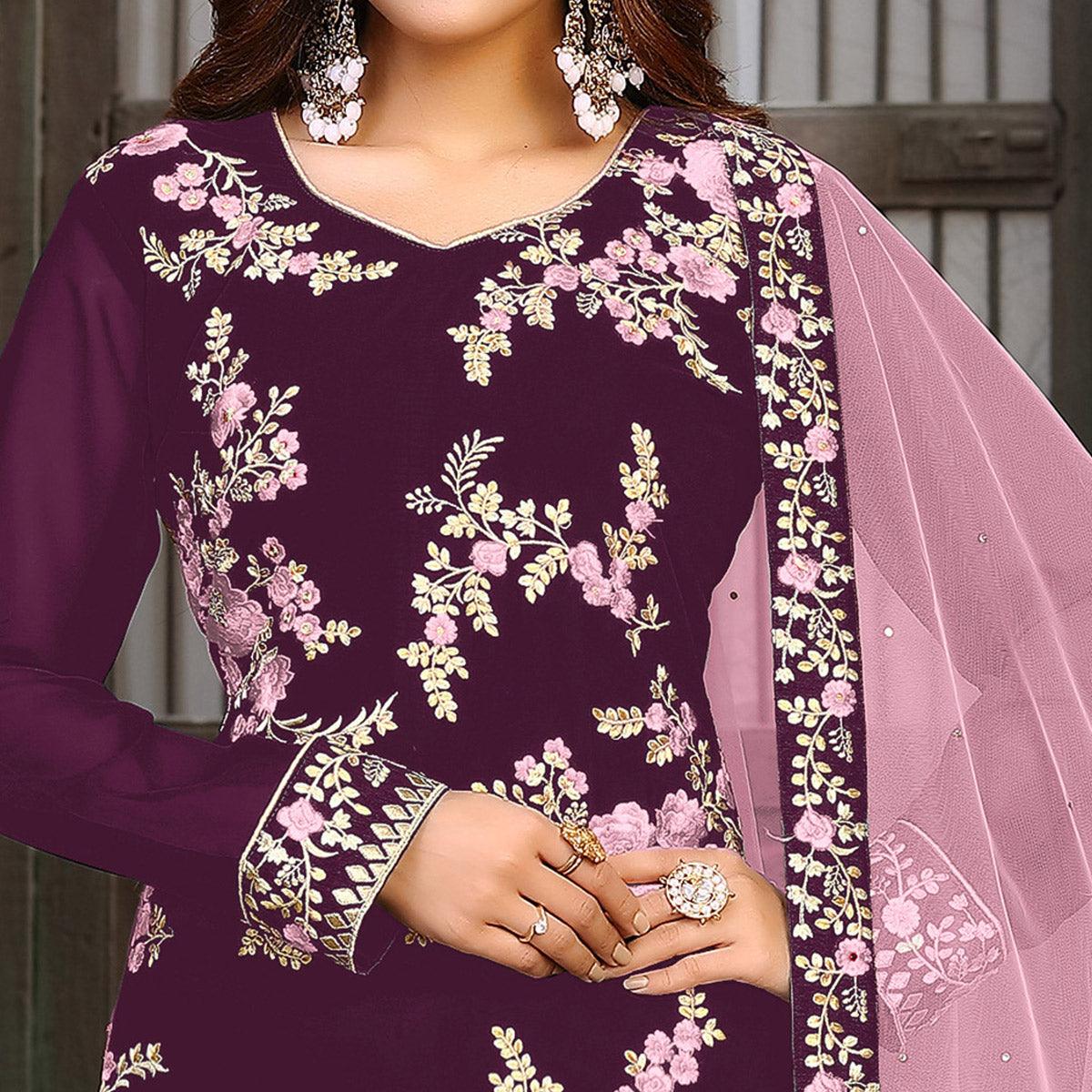 Purple Partywear Embroidered Faux Georgette Salwar Suit - Peachmode
