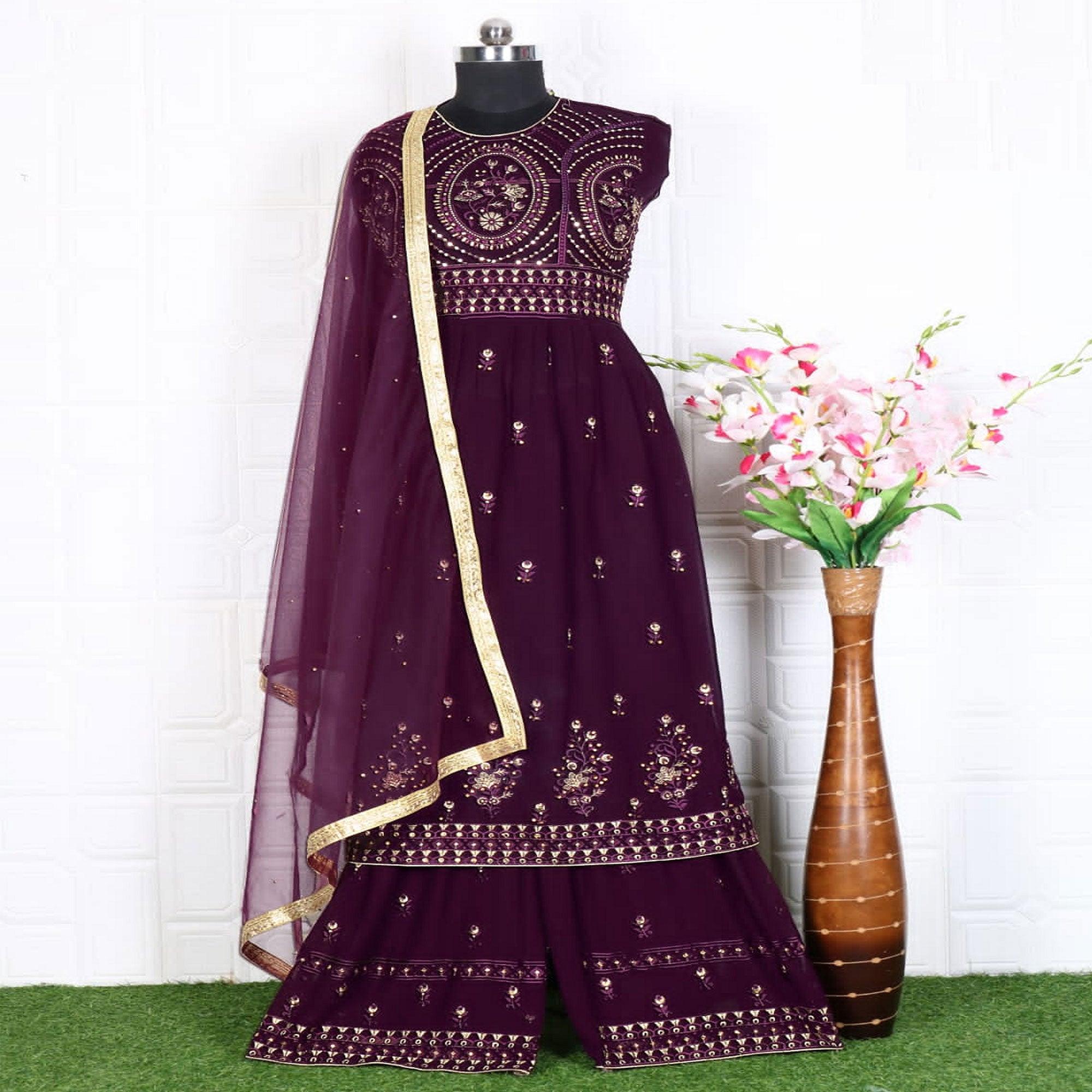 Purple Partywear Embroidered Faux Georgette Salwar Suit - Peachmode