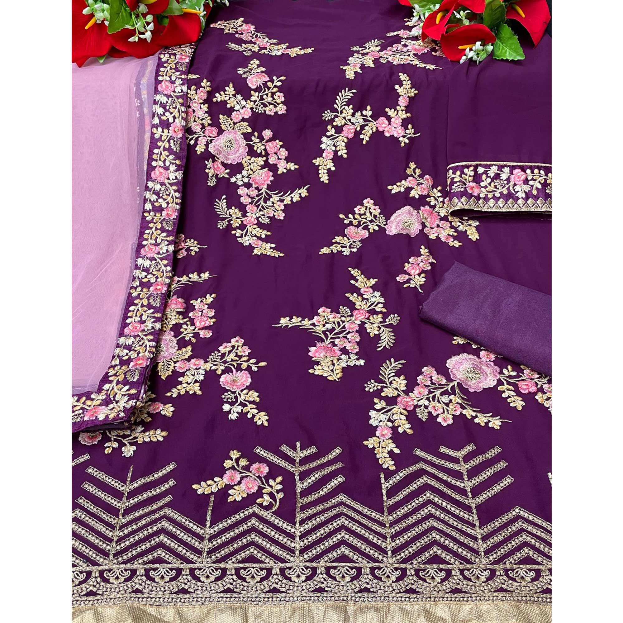 Purple Partywear Embroidered Faux Georgette Salwar Suit - Peachmode