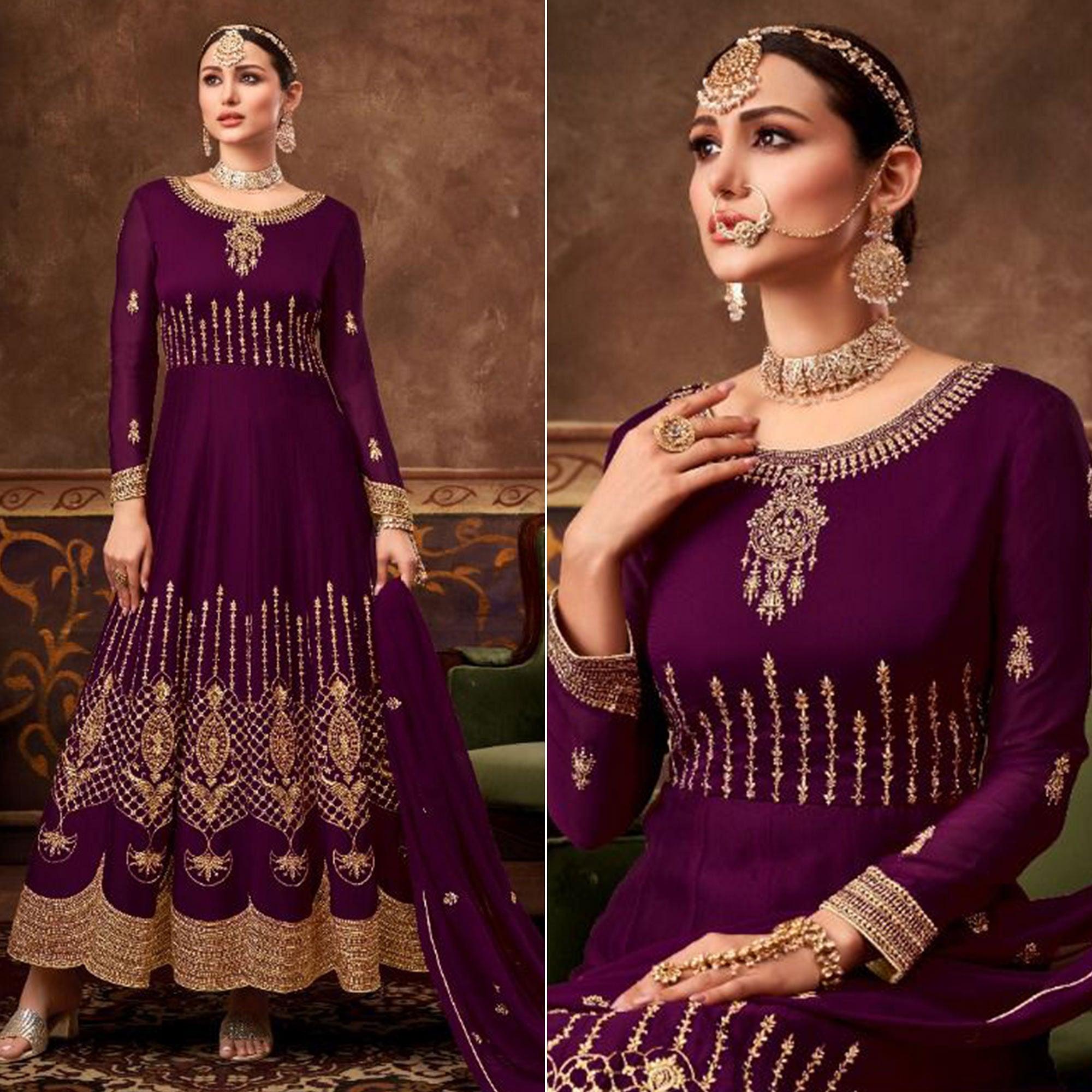 Purple Partywear Embroidered Georgette Anarkali Suit - Peachmode