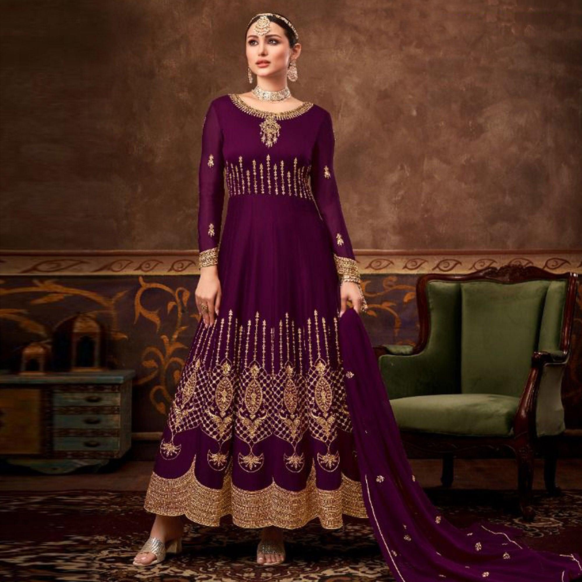 Purple Partywear Embroidered Georgette Anarkali Suit - Peachmode