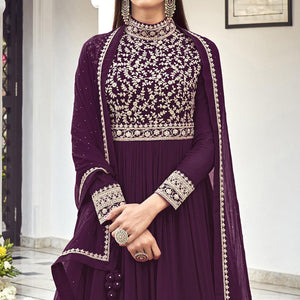 Purple Partywear Embroidered Georgette Anarkali Suit - Peachmode