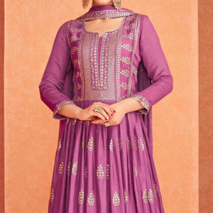 Purple Partywear Embroidered Georgette Anarkali Suit - Peachmode