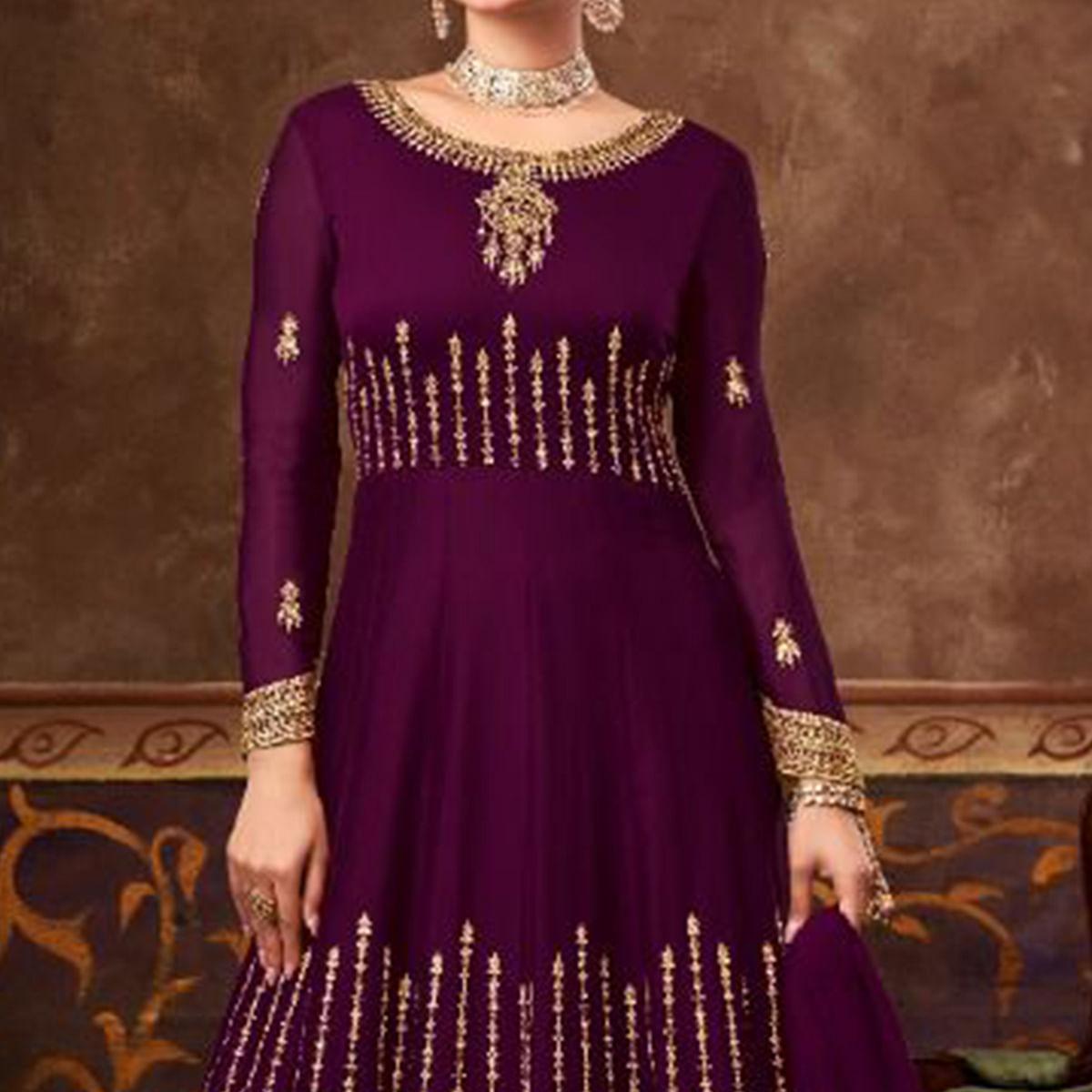 Purple Partywear Embroidered Georgette Anarkali Suit - Peachmode