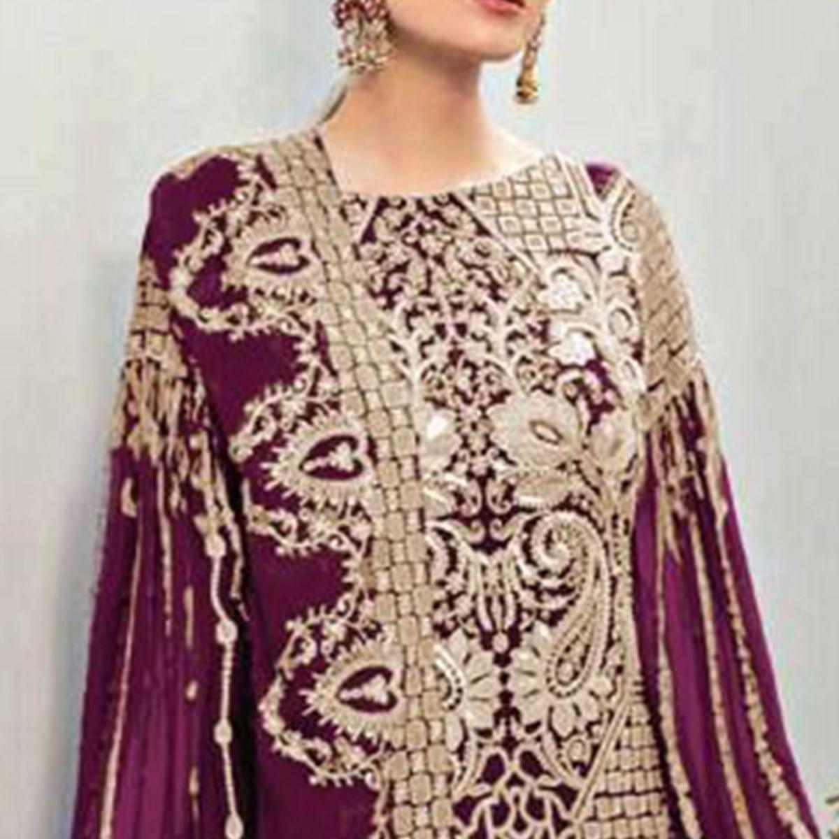 Purple Partywear Embroidered Georgette Pakistani Suit - Peachmode