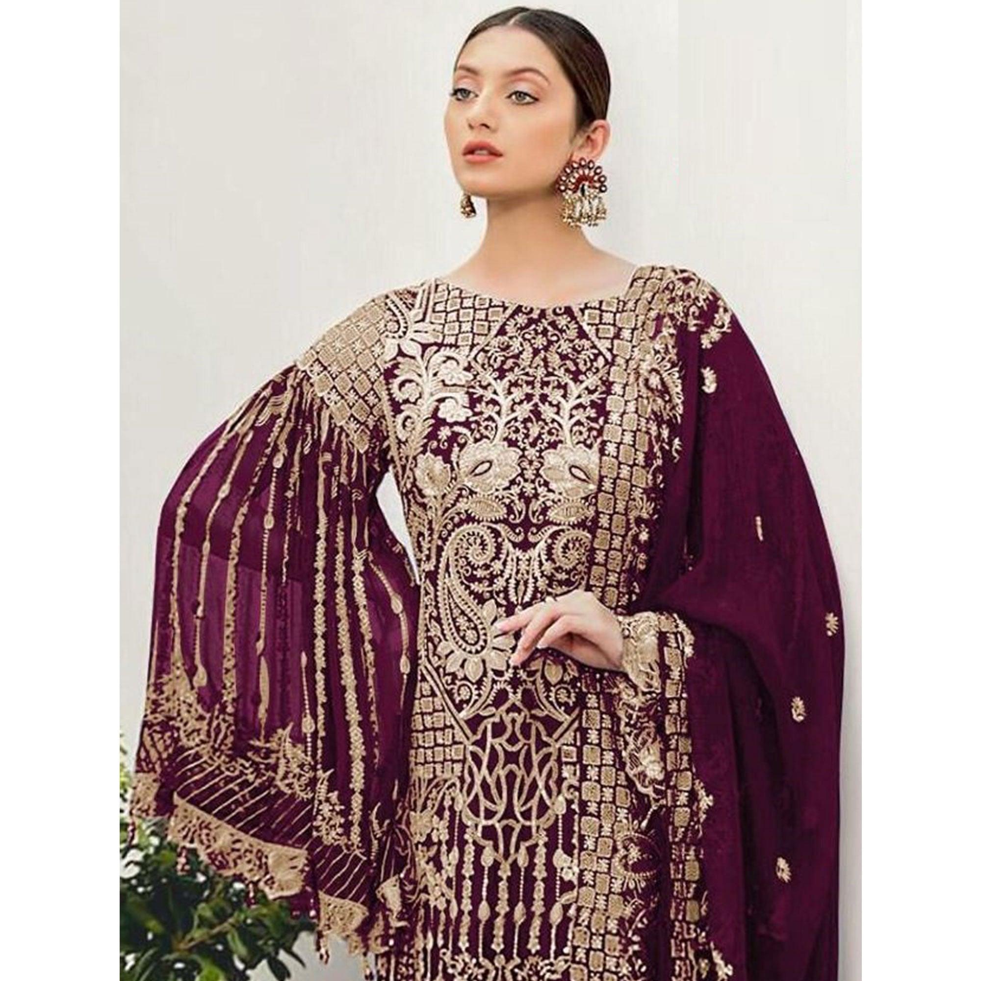 Purple Partywear Embroidered Georgette Pakistani Suit - Peachmode