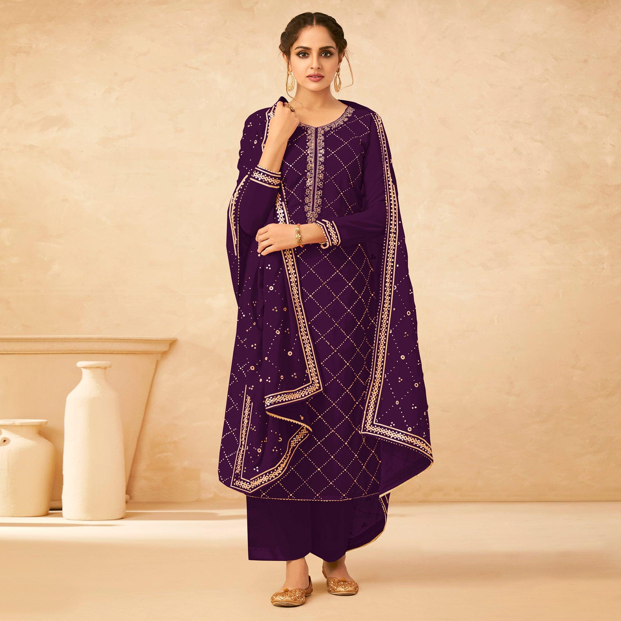 Purple Partywear Embroidered Georgette Palazzo Suit - Peachmode