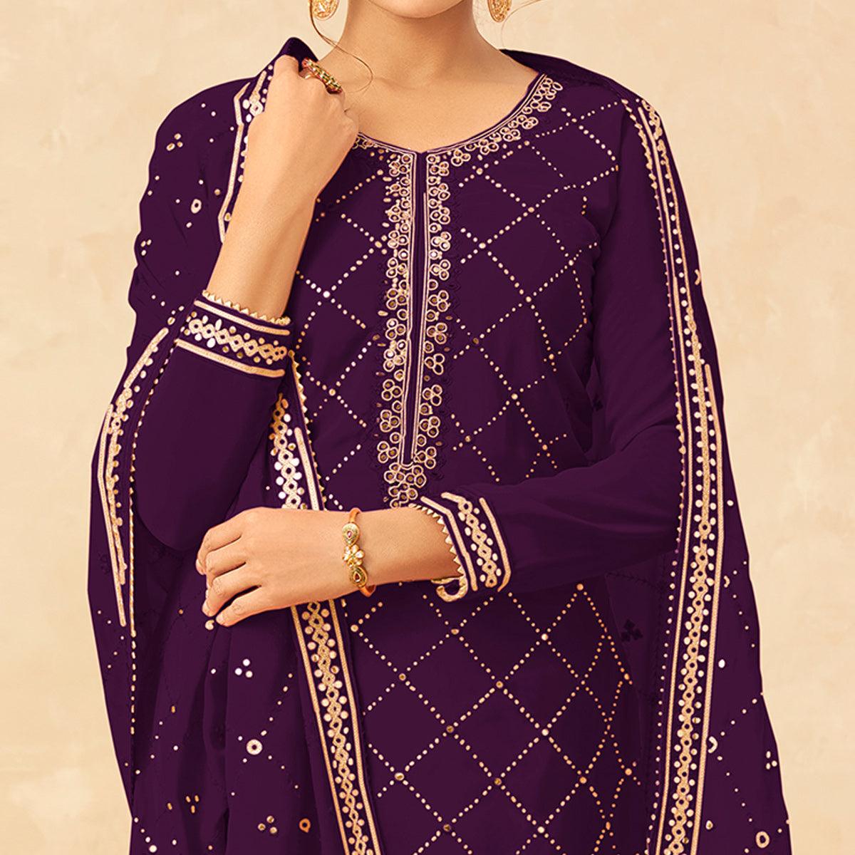 Purple Partywear Embroidered Georgette Palazzo Suit - Peachmode