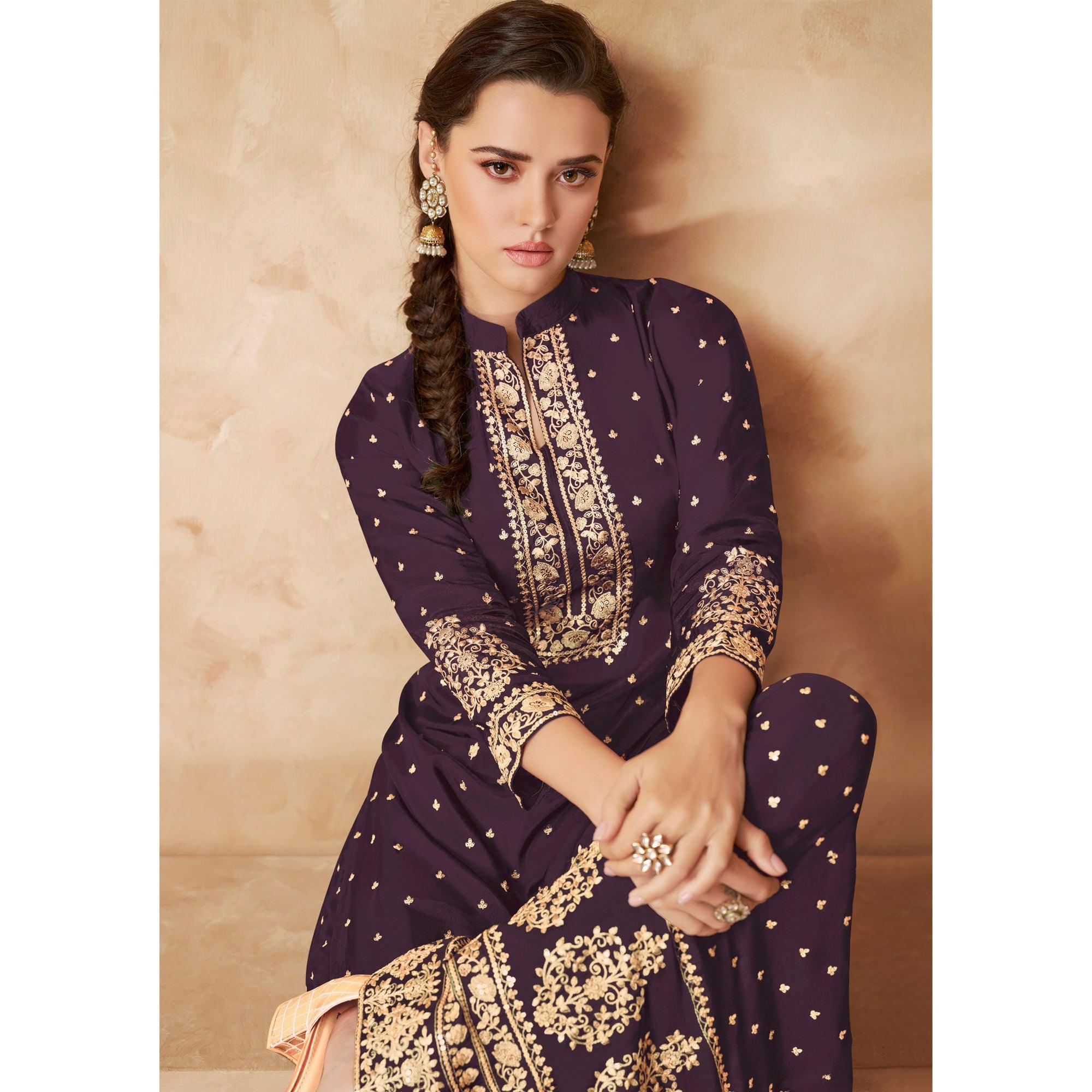 Purple Partywear Embroidered Georgette Palazzo Suit - Peachmode
