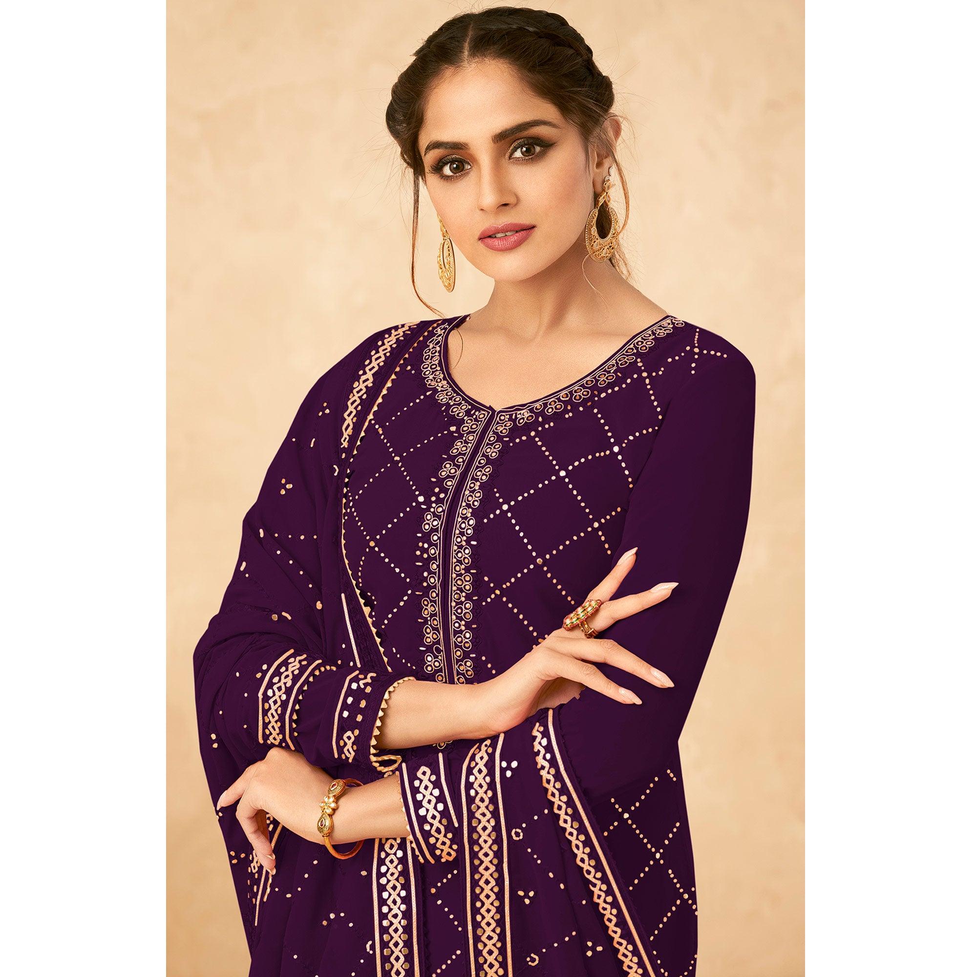 Purple Partywear Embroidered Georgette Palazzo Suit - Peachmode